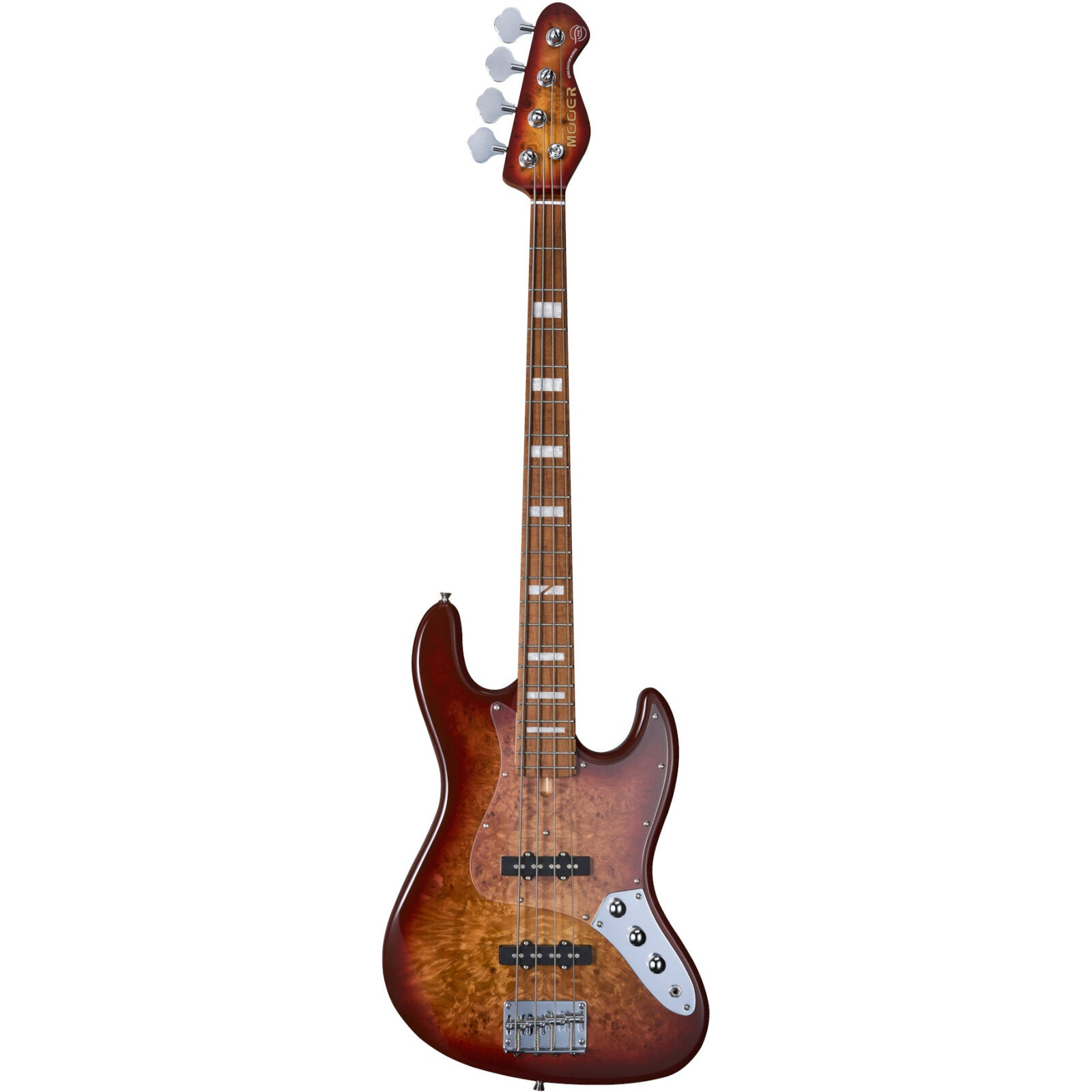 Ahşap damarlı kahverengi bas gitar, dört tel ve gümüş akort burguları.