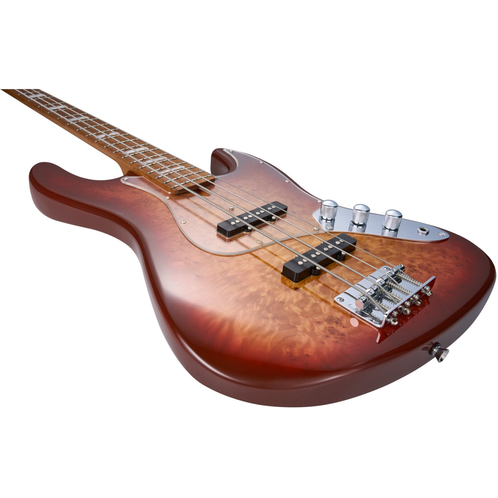 Akçaağaç saplı, dört telli kahverengi bas gitar.