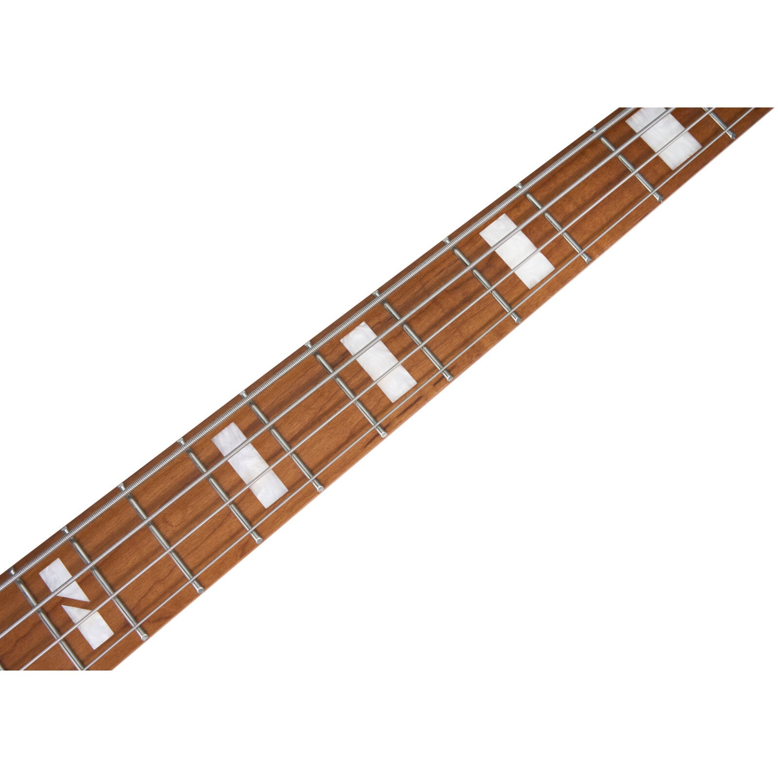 Ahşap damarlı ve beyaz kakmalı gitar klavyesinin yakın çekimi.