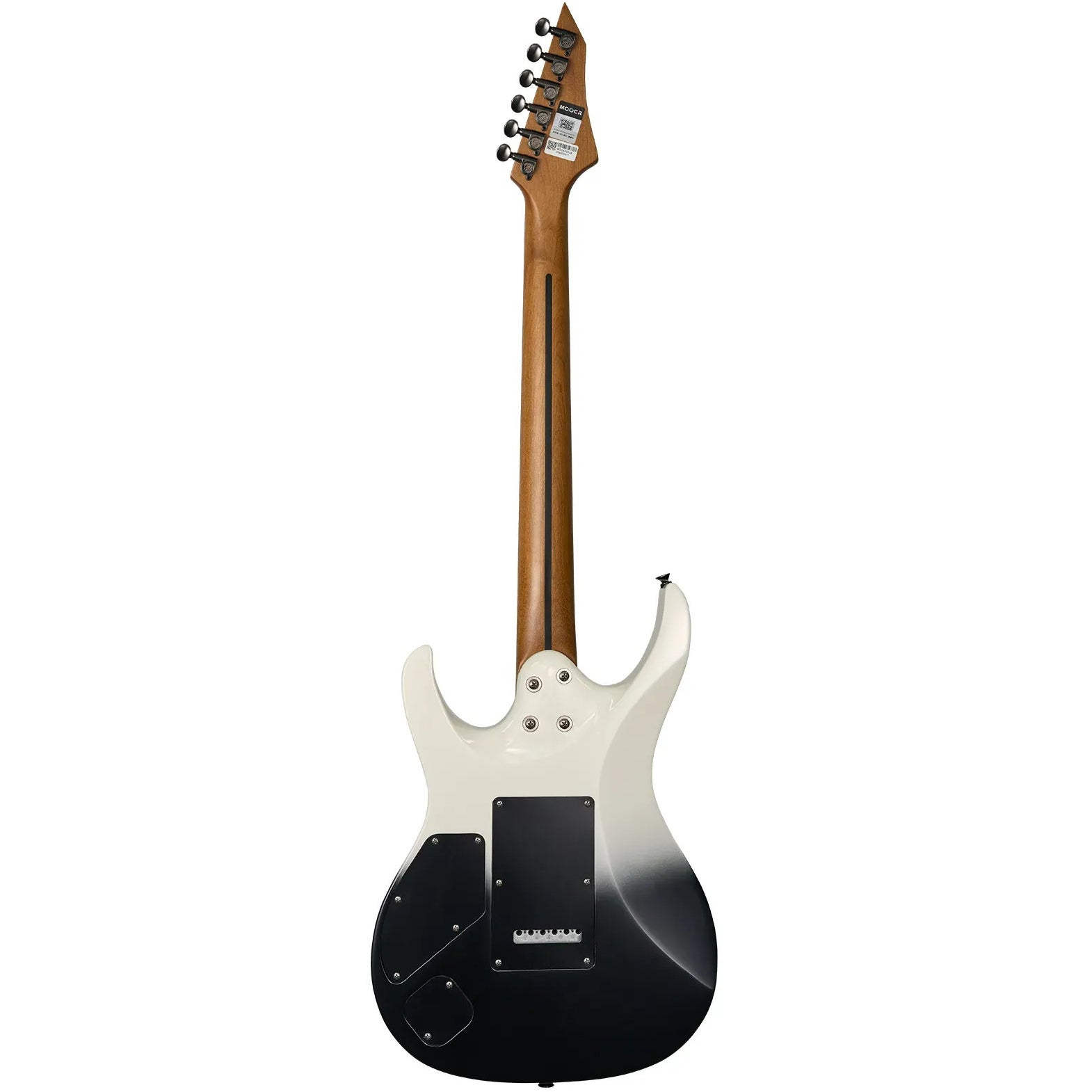 Ahşap damarlı saplı beyaz ve siyah elektro gitarın arka görünümü.