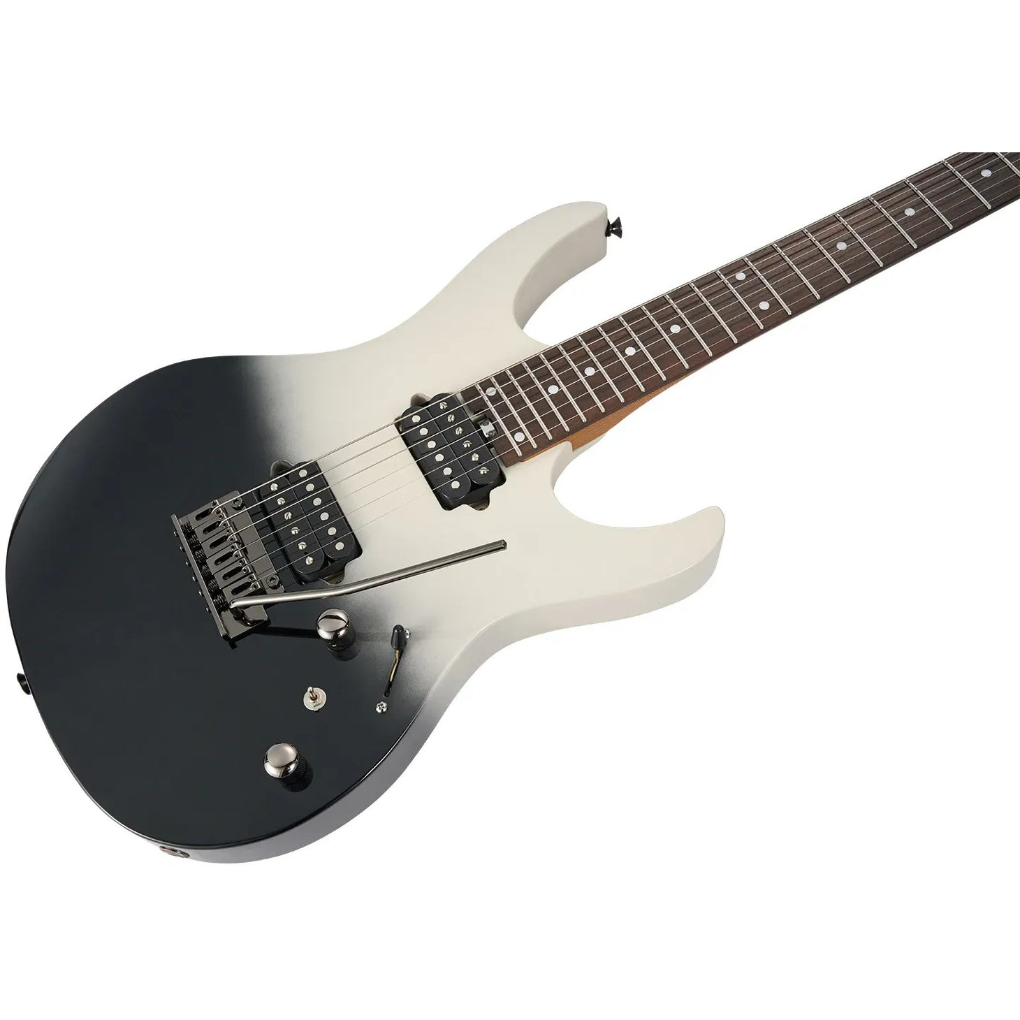 İki tonlu elektro gitar, siyah gövde beyaza doğru soluyor, beyaz arka plan üzerinde.