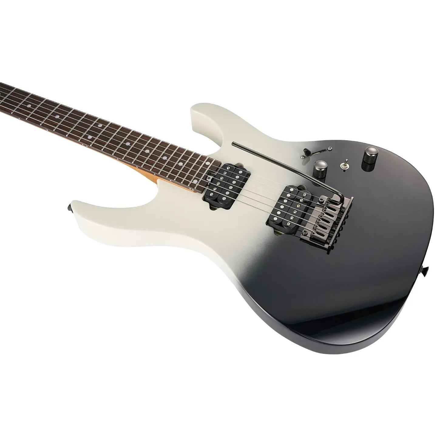 Beyaz ve siyah gövdeli, telli ve klavyeli elektro gitar.