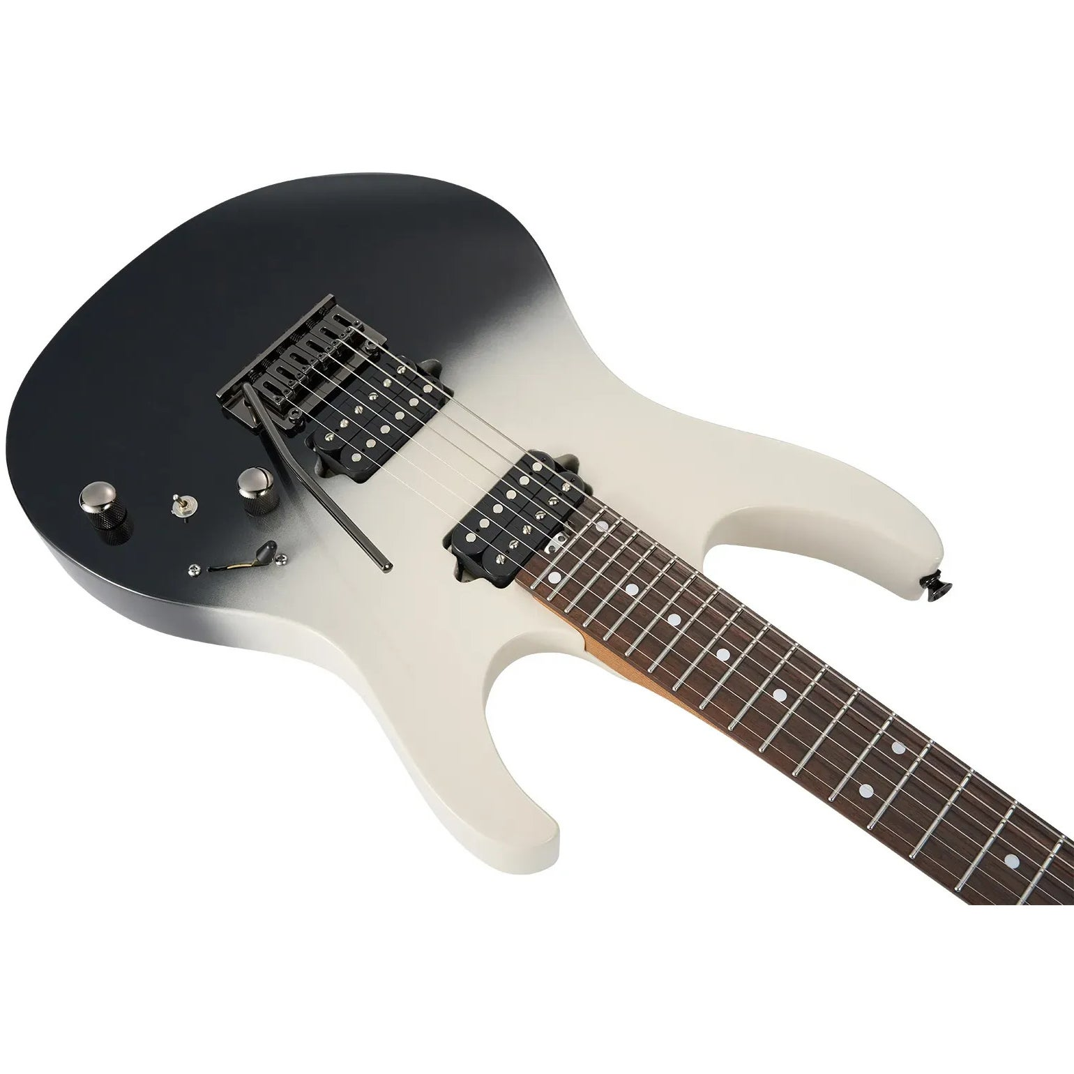 Siyah-beyaz bitişli, metal köprülü ve telli elektro gitar.