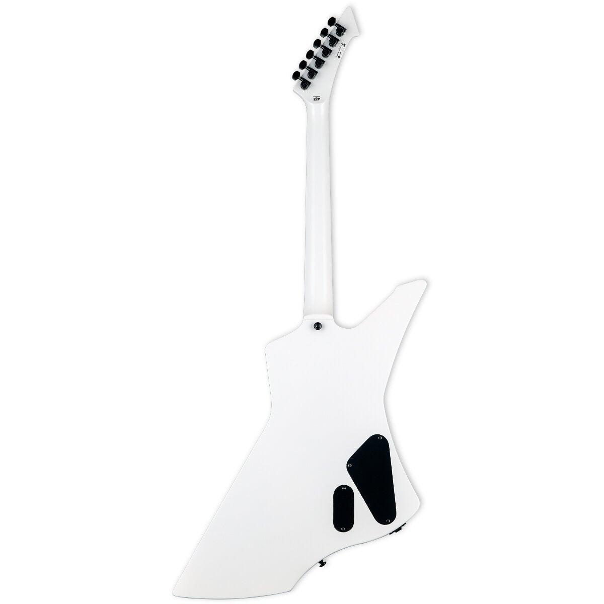 Witte elektrische gitaar met zwarte hardware details, van achteren gezien.