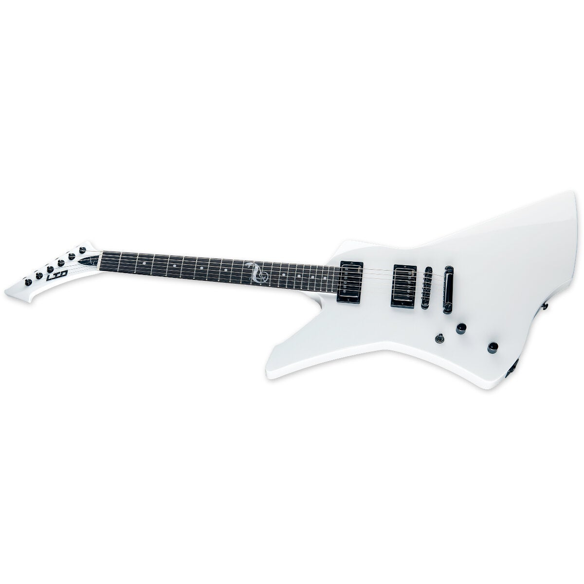 Een witte elektrische gitaar met een zwart toetsenbord en zilveren snaren.