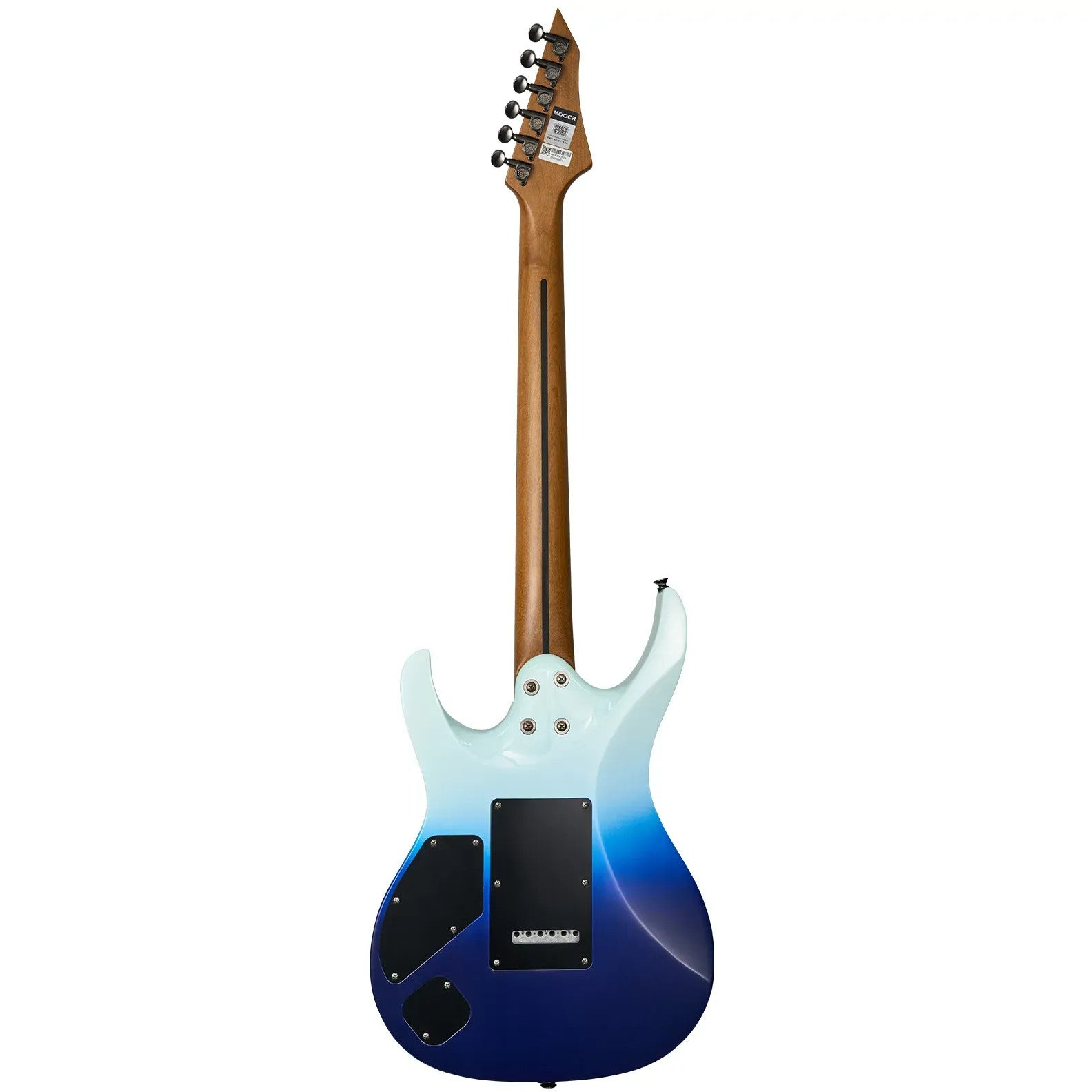 Mavi degrade bitişli ve ahşap damarlı elektro gitarın arka görünümü.