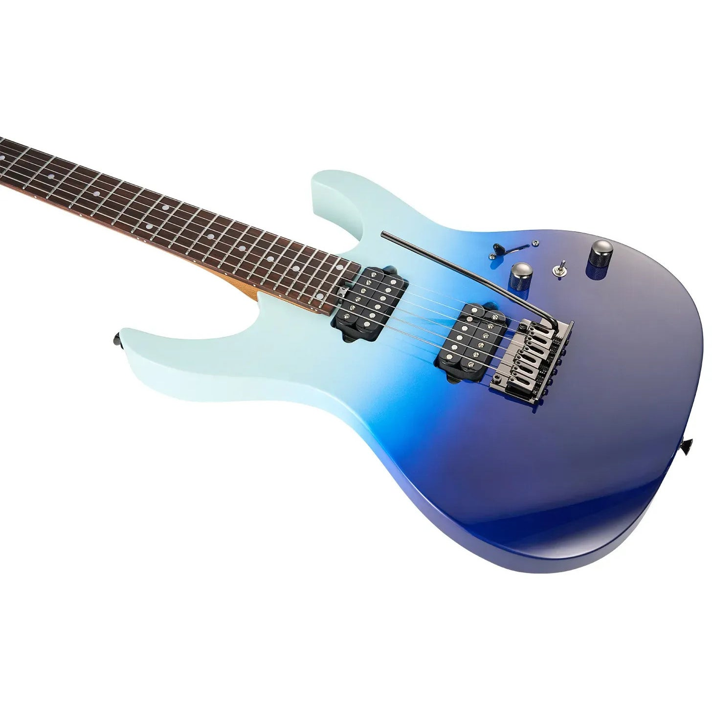 Mavi-açık mavi geçişli elektro gitar, beyaz arka plan.