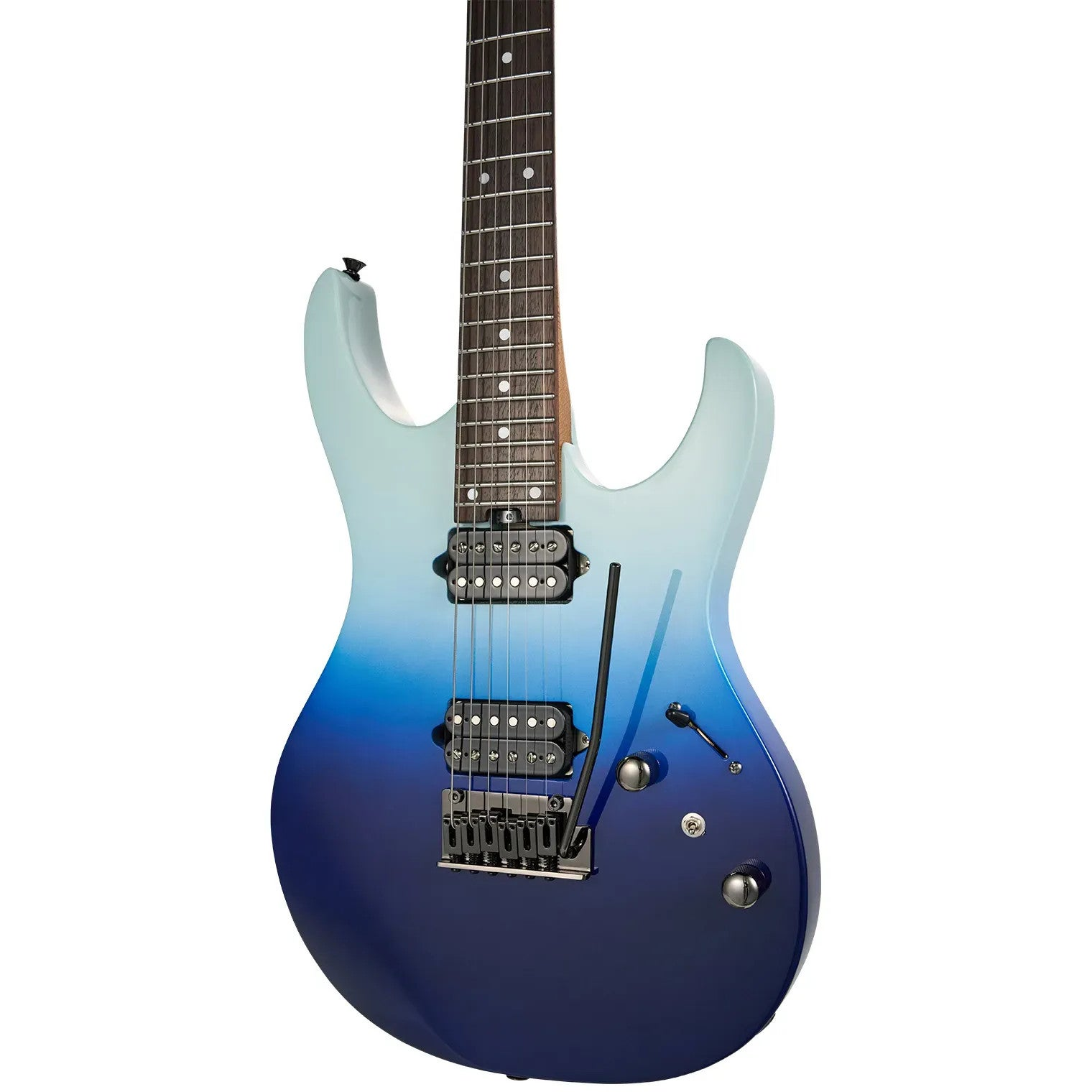 Açık mordan koyu maviye gradyanlı elektro gitar.