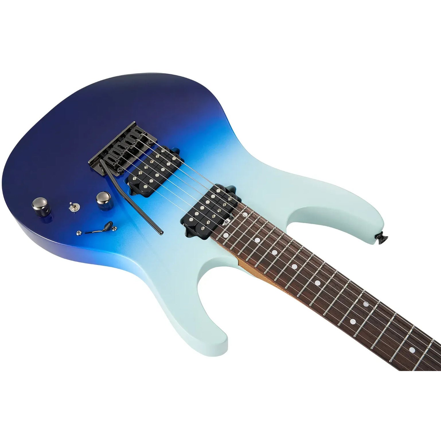 Mavi ve açık mavi geçişli, altı telli, siyah manyetikli elektro gitar.
