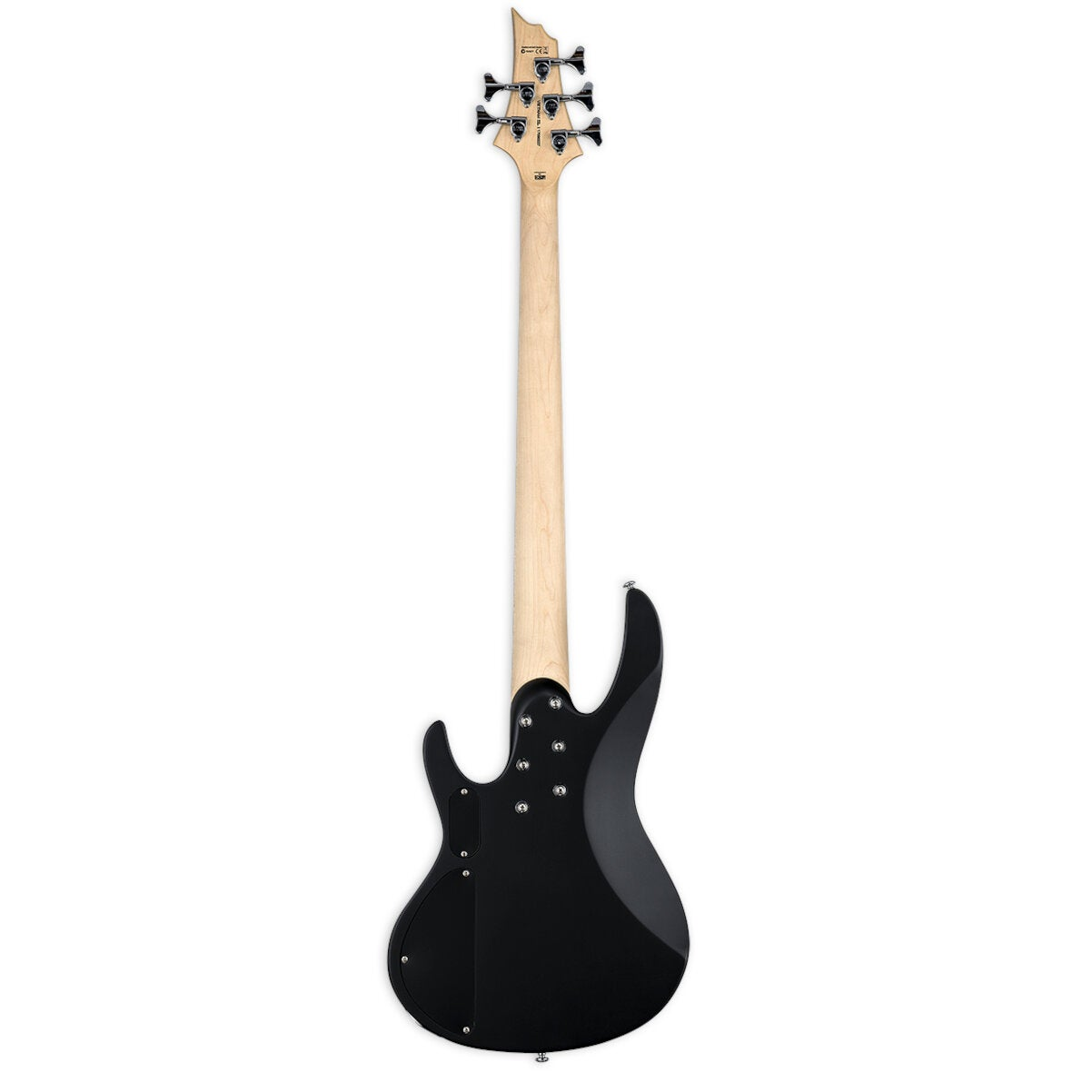 Back view of a black electric bass guitar with a light-colored neck and six tuning pegs.