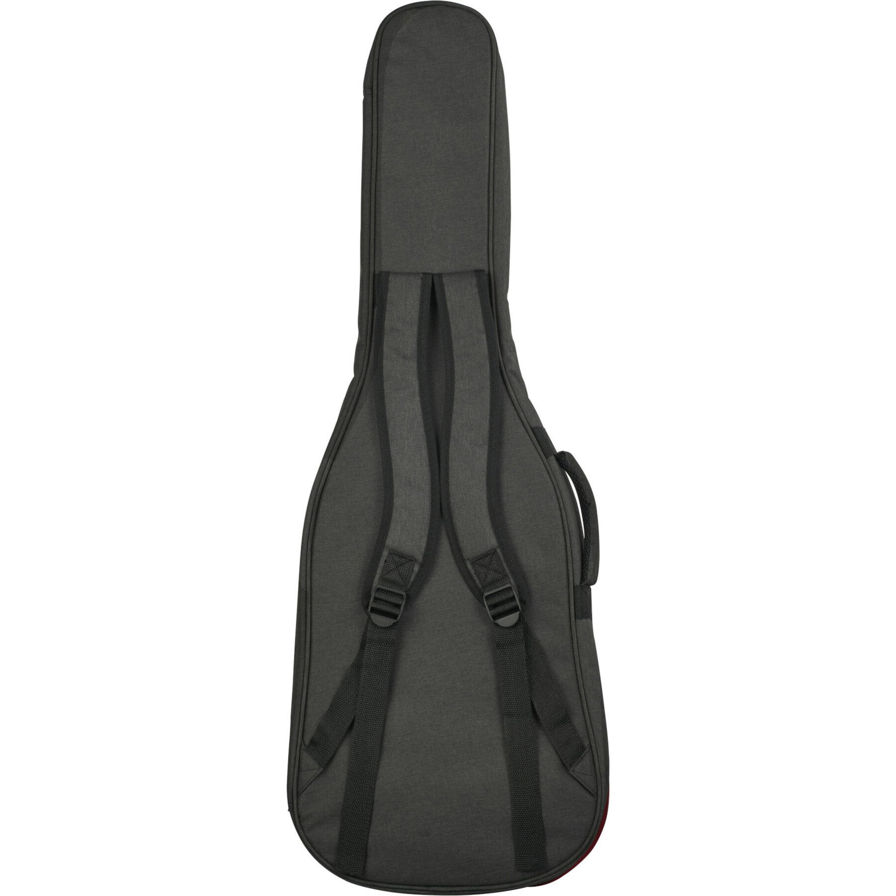 İki askılı ve bir saplı koyu gri gitar çantası.