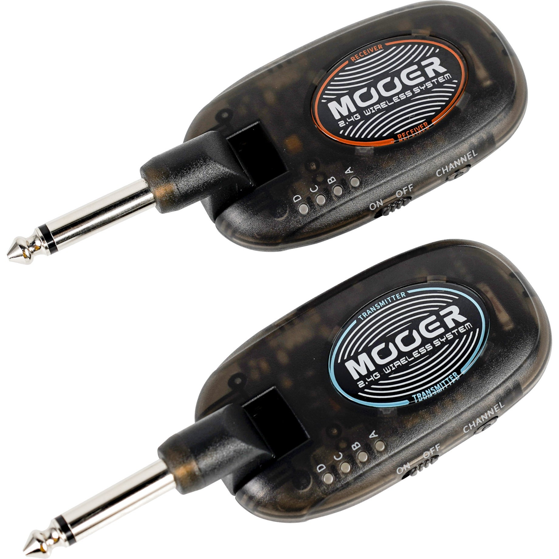 Twee zwarte Mooer 2.4G draadloze systemen, één zender en één ontvanger.