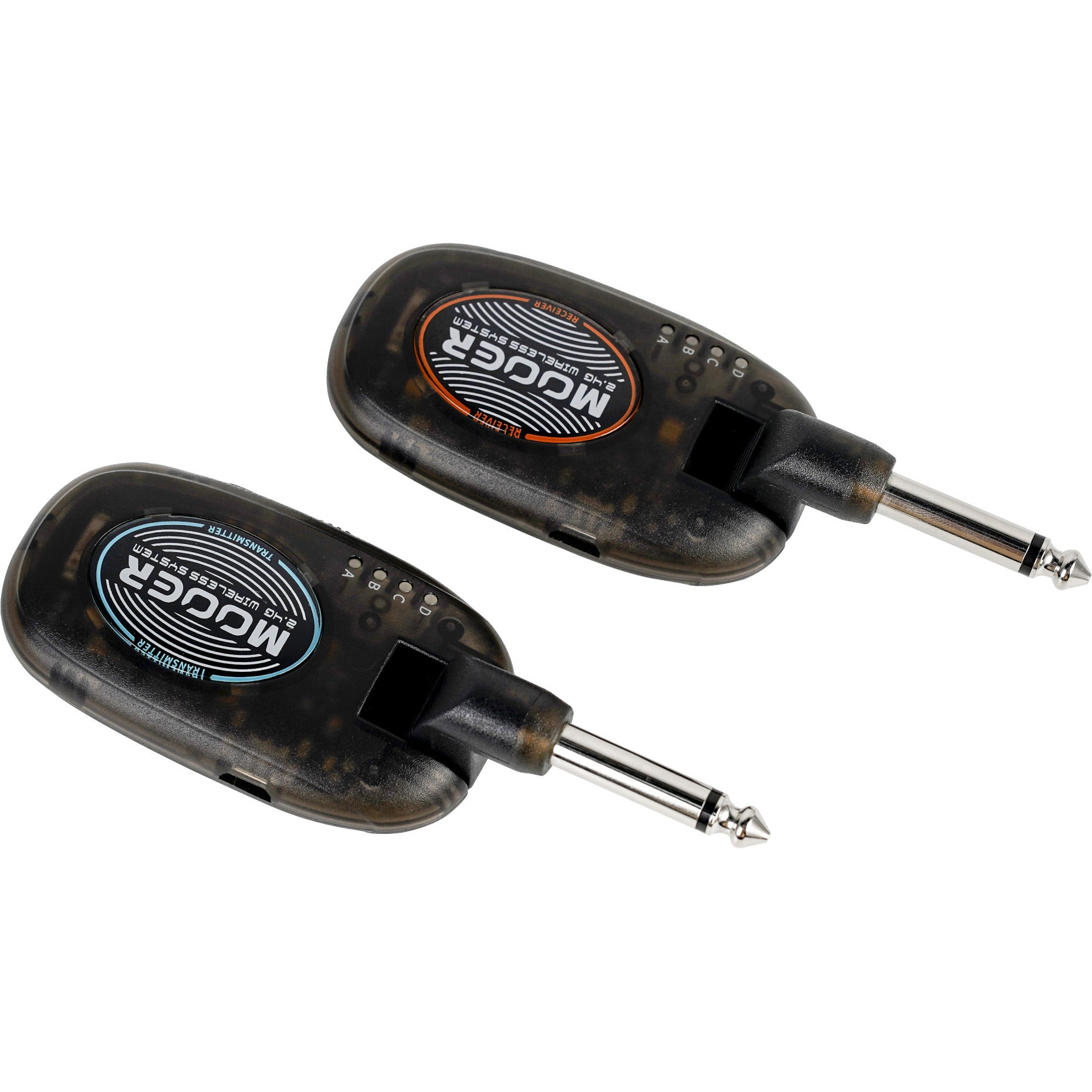 Twee zwarte Mooer 2.4G draadloze systemen, zender en ontvanger, met jackpluggen.