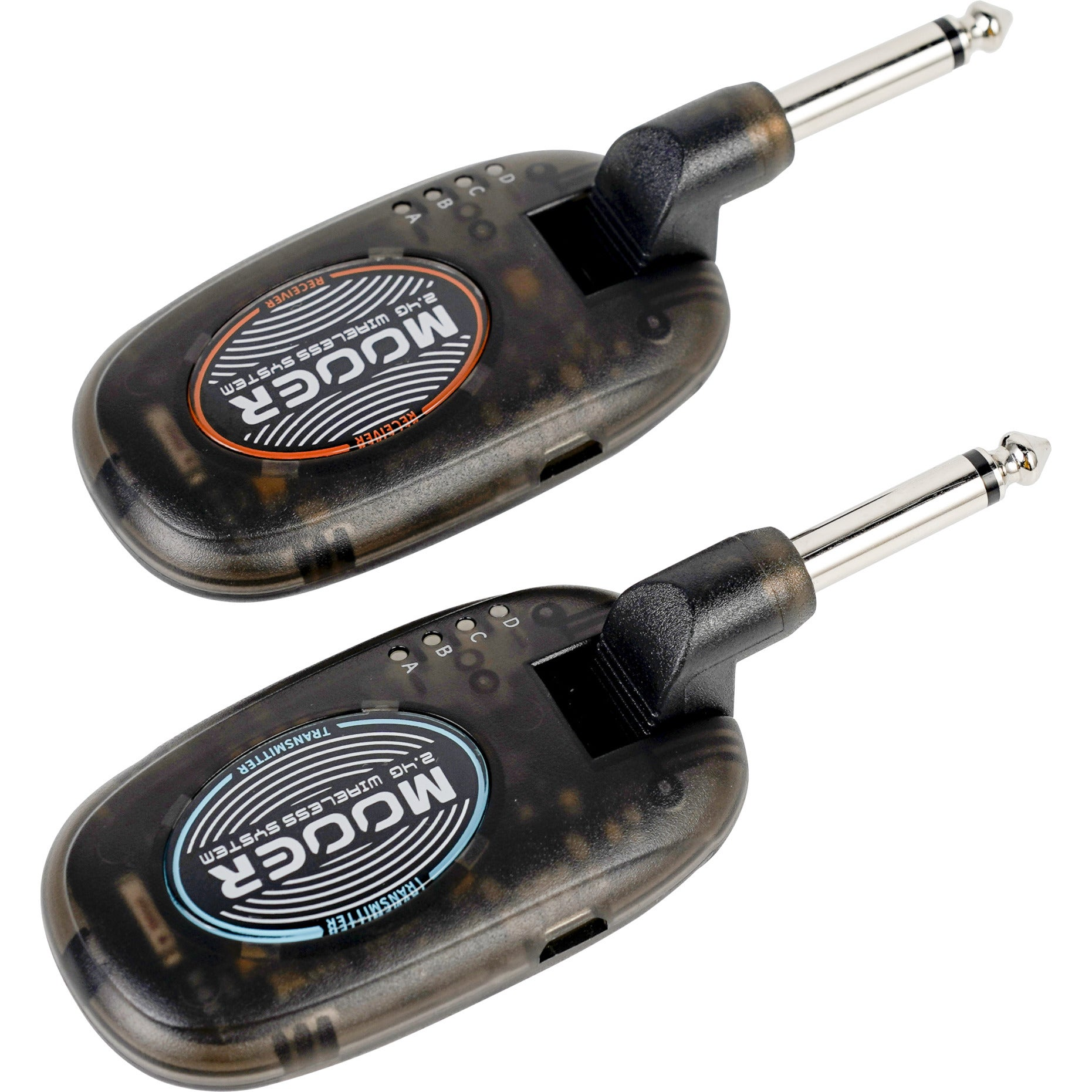 Twee zwarte Mooer 2.4G draadloze ontvanger en zender units met jackpluggen.