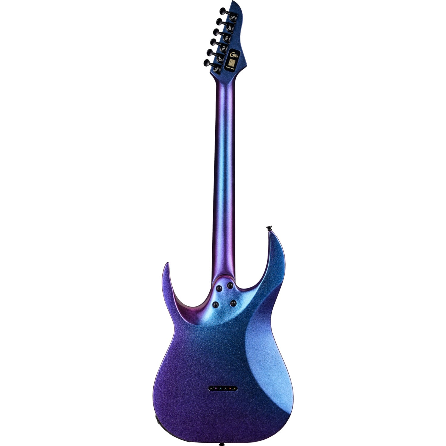 Işıltılı, mavi ve mor gradyan kaplamalı elektro gitar sapı ve gövdesi.