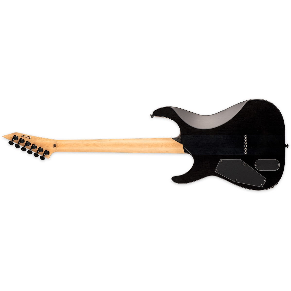Back view of a black electric guitar with a light wood neck and six string ferrules.