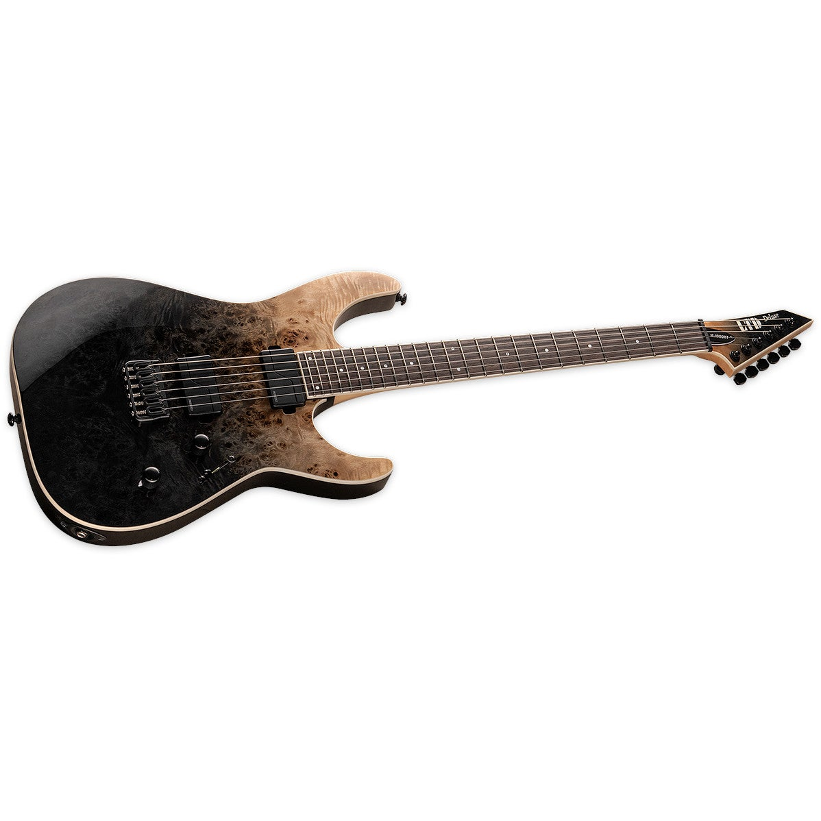 An electric guitar with a black and brown wood finish, six strings, and silver hardware.