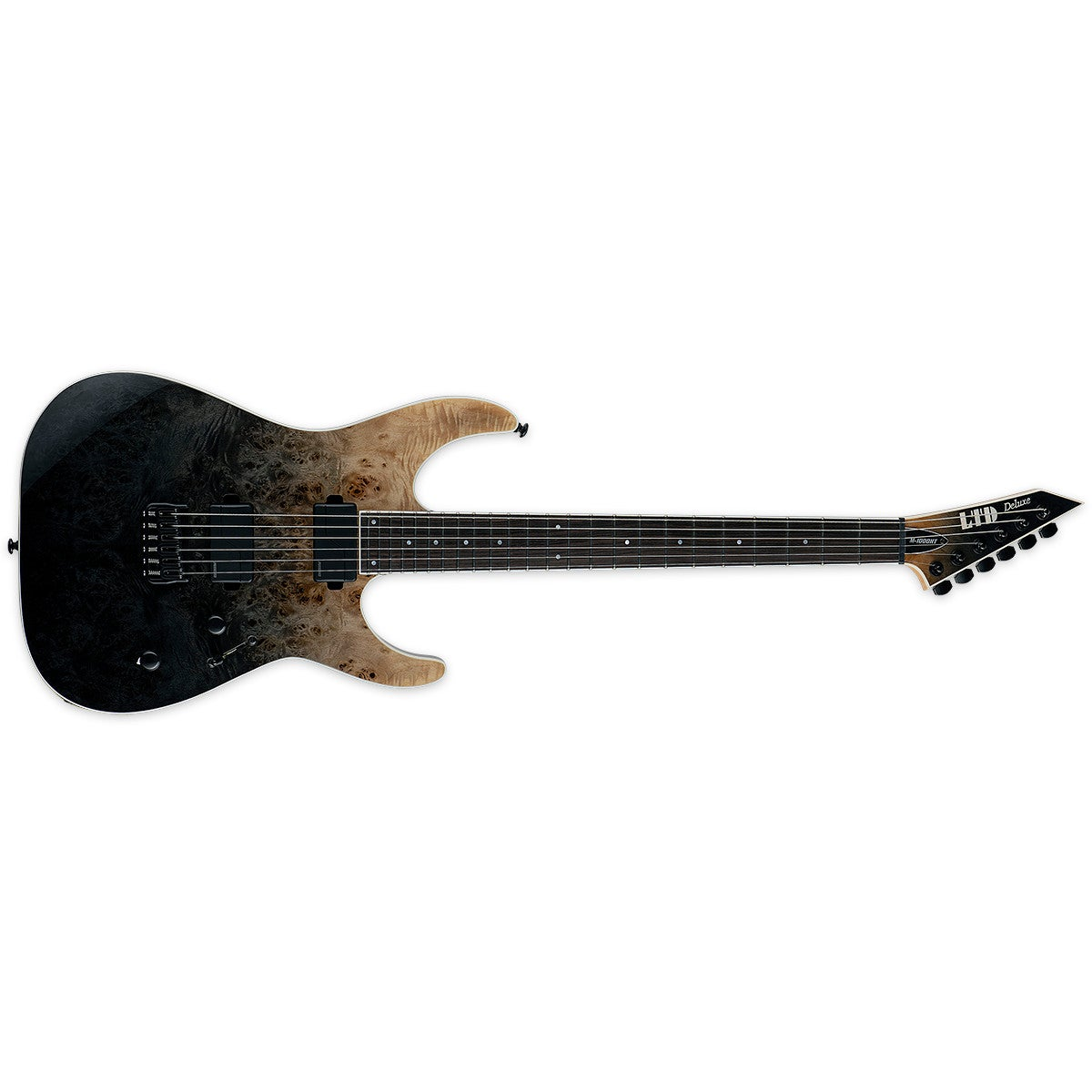 An electric guitar with a black body and wood grain, featuring silver strings and tuning pegs.