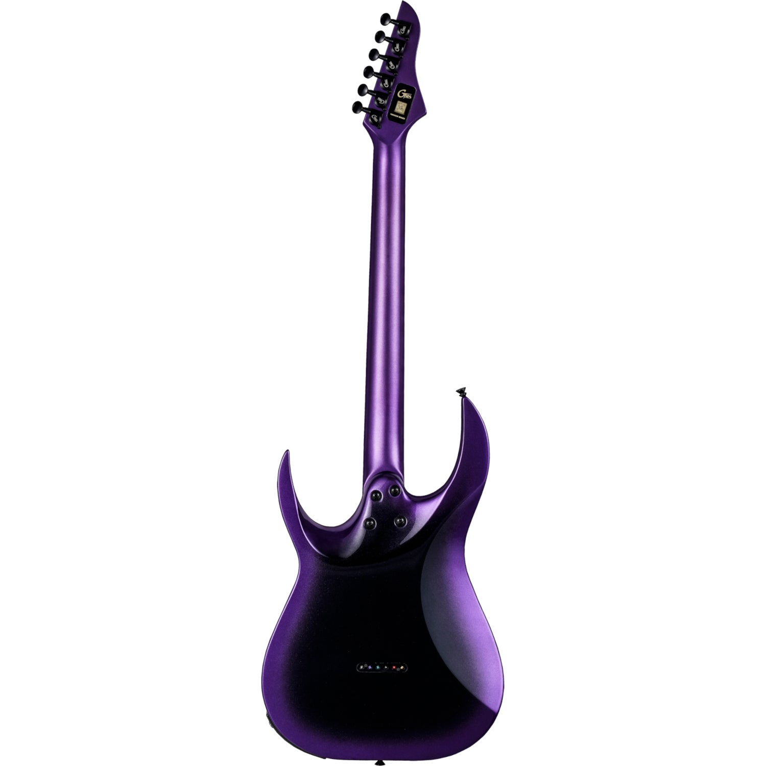 Beyaz arka plan üzerinde siyah akort burgulu mor elektrik gitar sapı ve gövdesi.