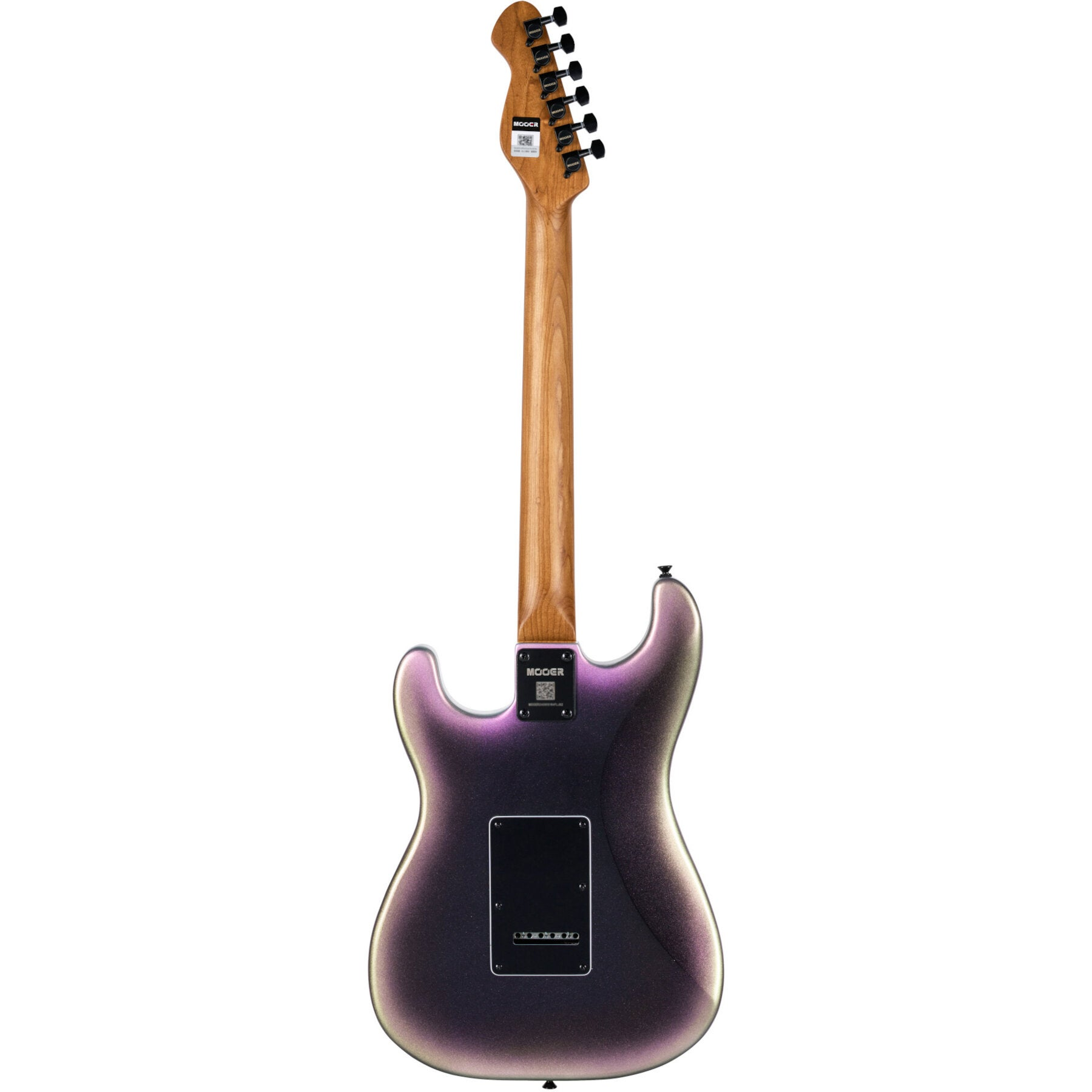 Back view of a purple shimmering electric guitar with wood grain neck and black tuning pegs.