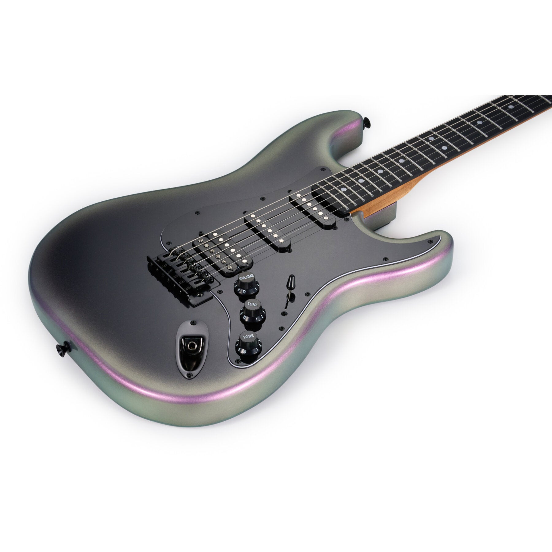 A dark electric guitar with a pearlescent finish and six strings on a white background.