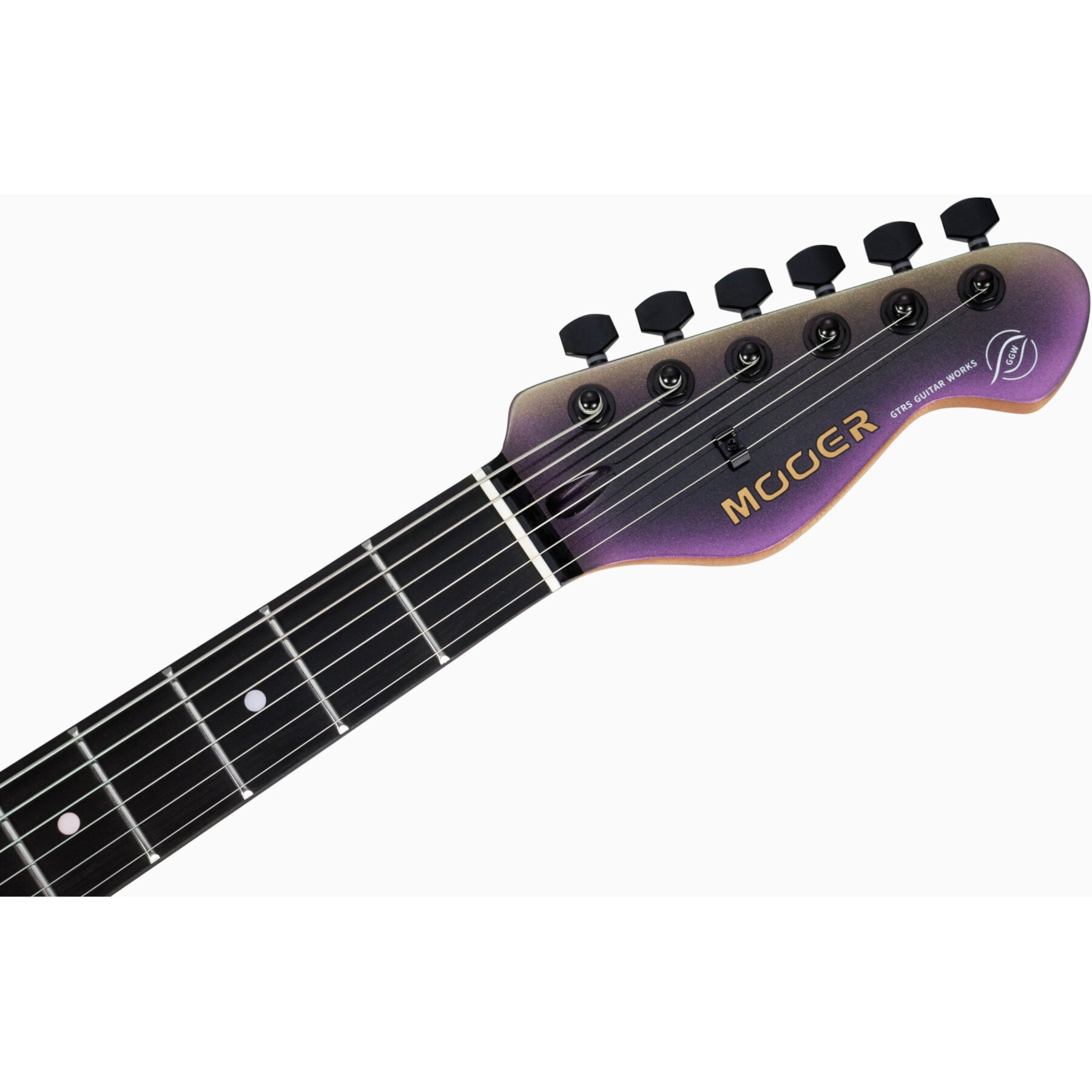 Guitar headstock with purple-grey gradient, black tuners, and strings.