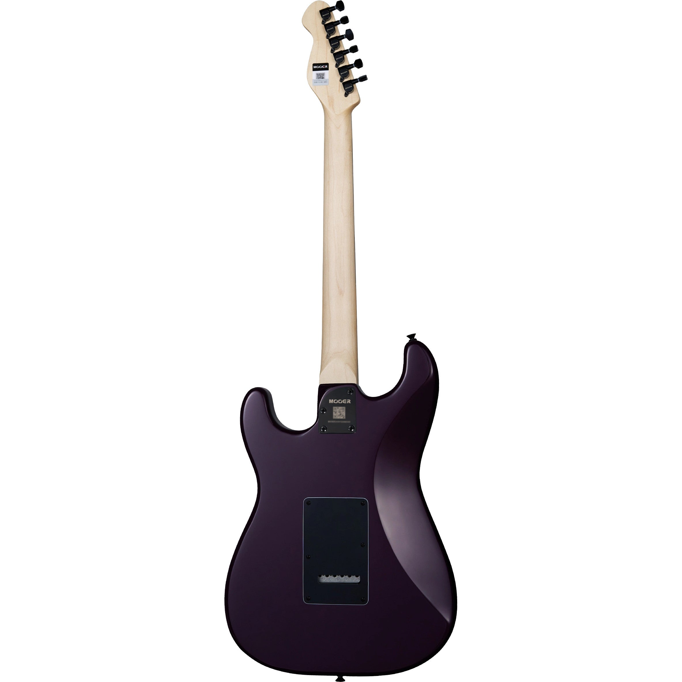 Açık ahşap sapa ve siyah akort burgularına sahip koyu mor elektro gitarın arka görünümü.