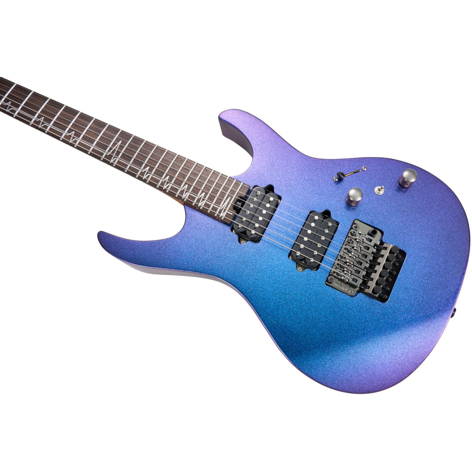 Blauw-paars elektrische gitaarbody met zwarte pickups en zilveren knoppen.