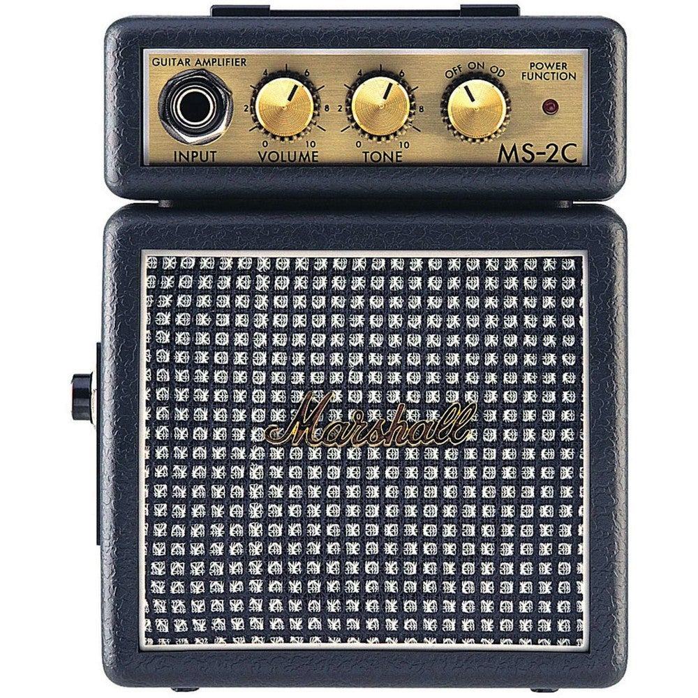 Een kleine, donkerblauwe Marshall MS-2C gitaarversterker met gouden knoppen en een luidsprekergril.