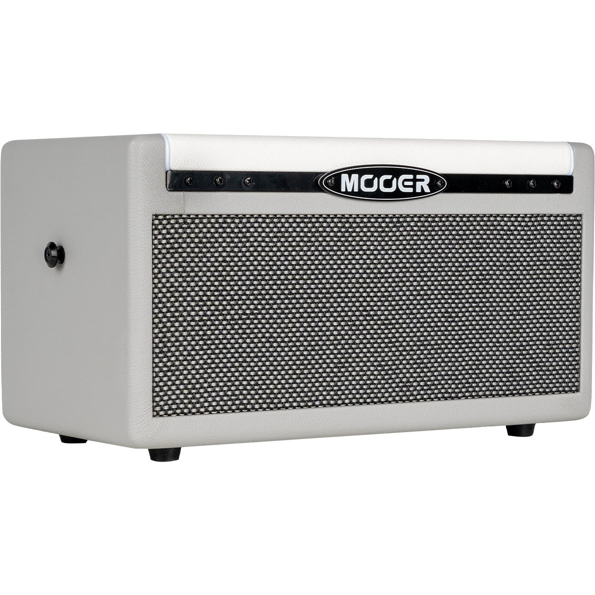Mooer logolu, siyah hoparlör ızgaralı beyaz gitar amfisi.