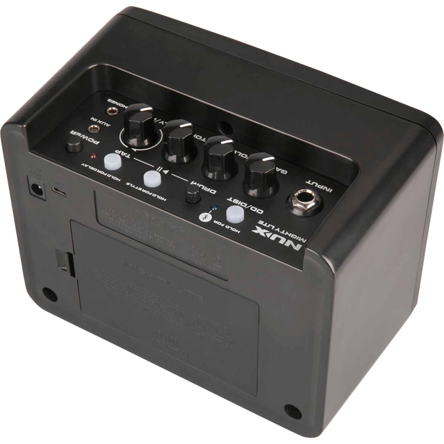 Zwarte NUX MIGHTY LITE gitaarversterker met knoppen en poorten.