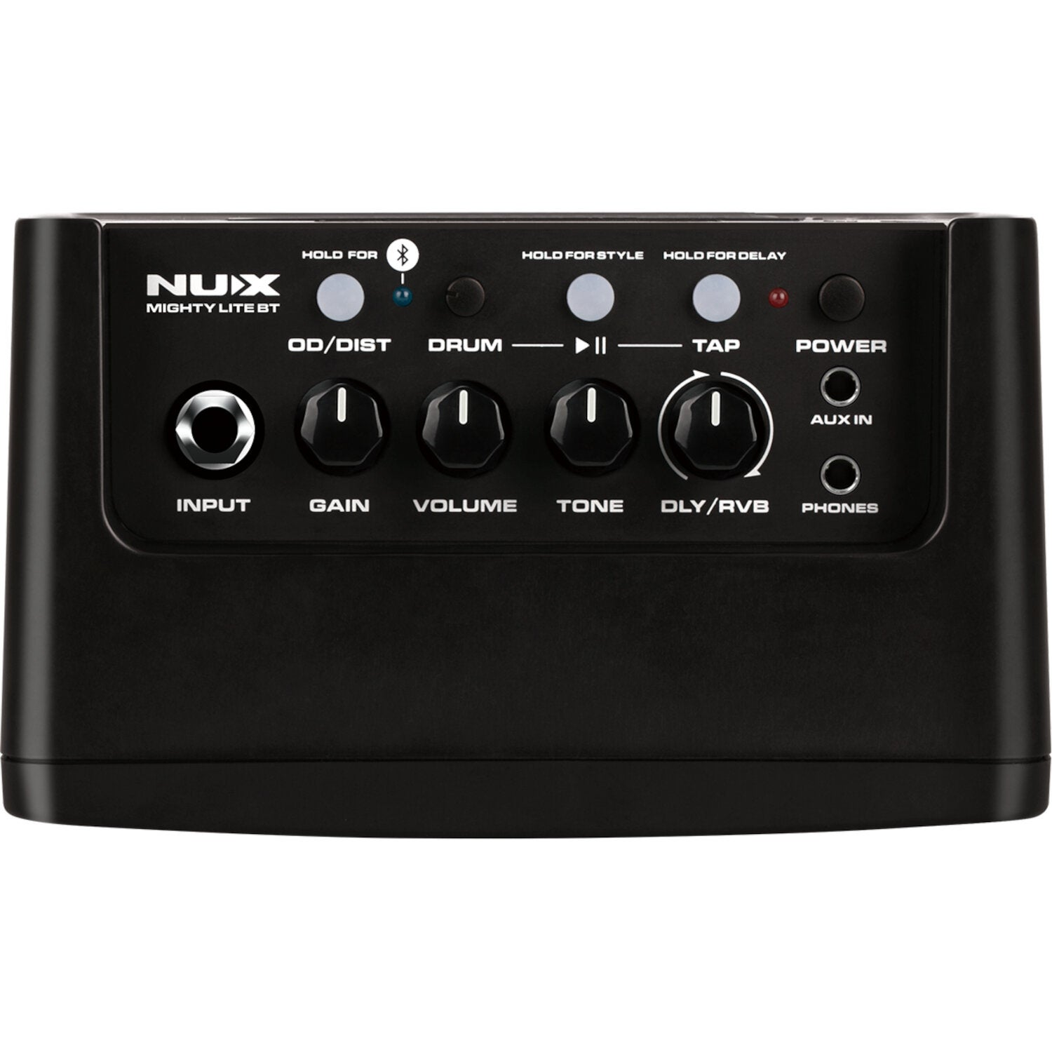 Zwarte NUX Mighty Lite BT draagbare gitaarversterker met knoppen en aansluitingen.