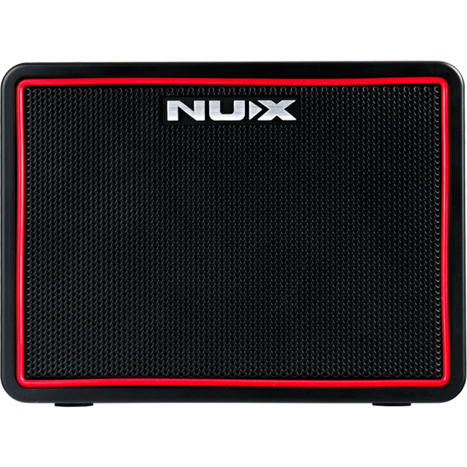 Zwarte luidspreker met rode rand en NUX-logo.