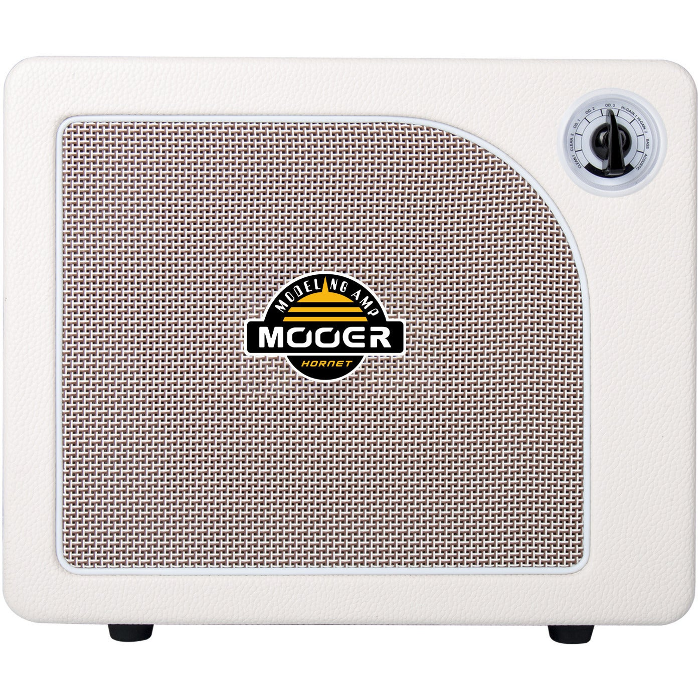 Een witte gitaarversterker met bruin luidsprekerrooster en Mooer-logo.