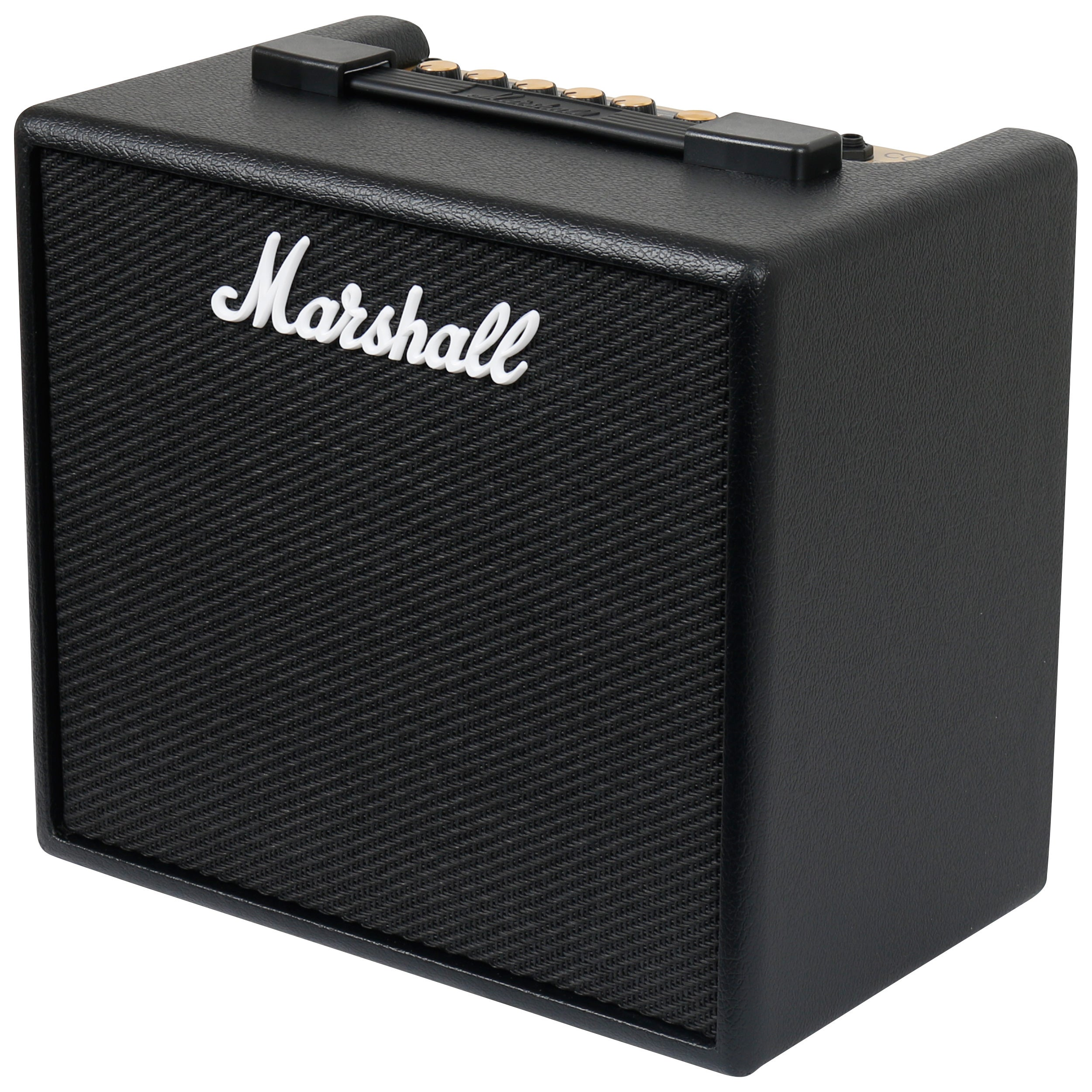Een kleine zwarte Marshall gitaarversterker met stoffen grill en gouden knoppen.