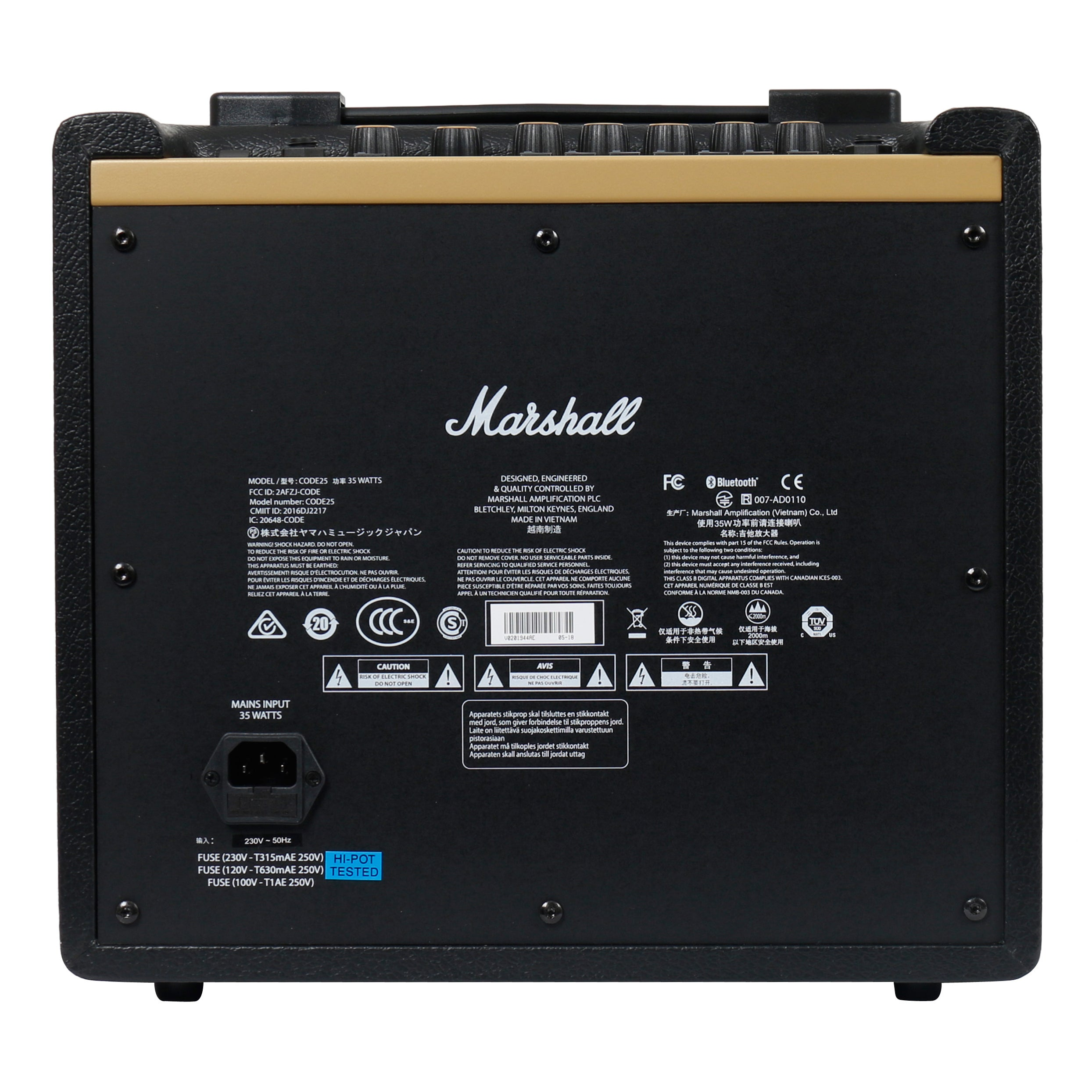 Achterkant van een zwarte Marshall gitaarversterker, model CODE25, met diverse certificeringen.
