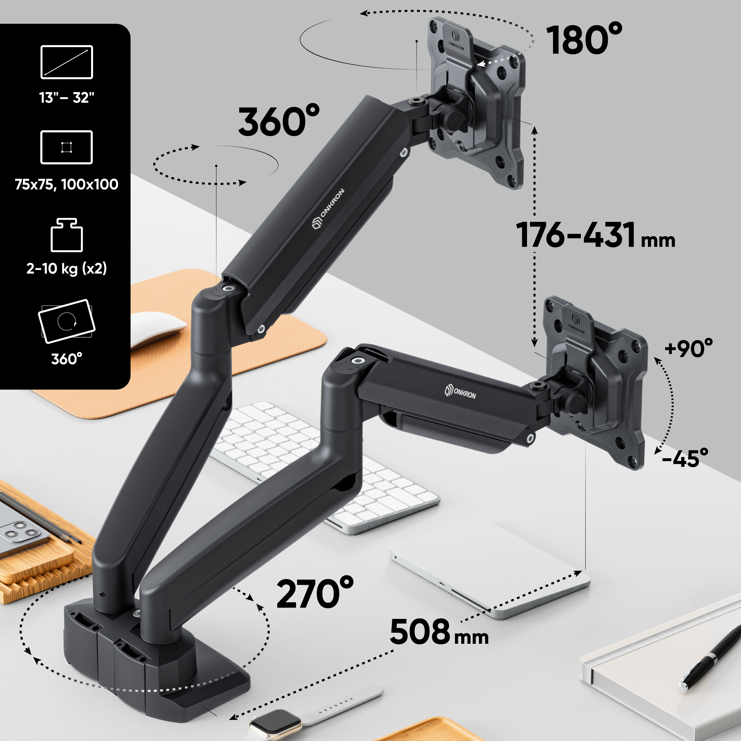 Czarny uchwyt na monitor do ekranów 13-32 cali, 2-10 kg.