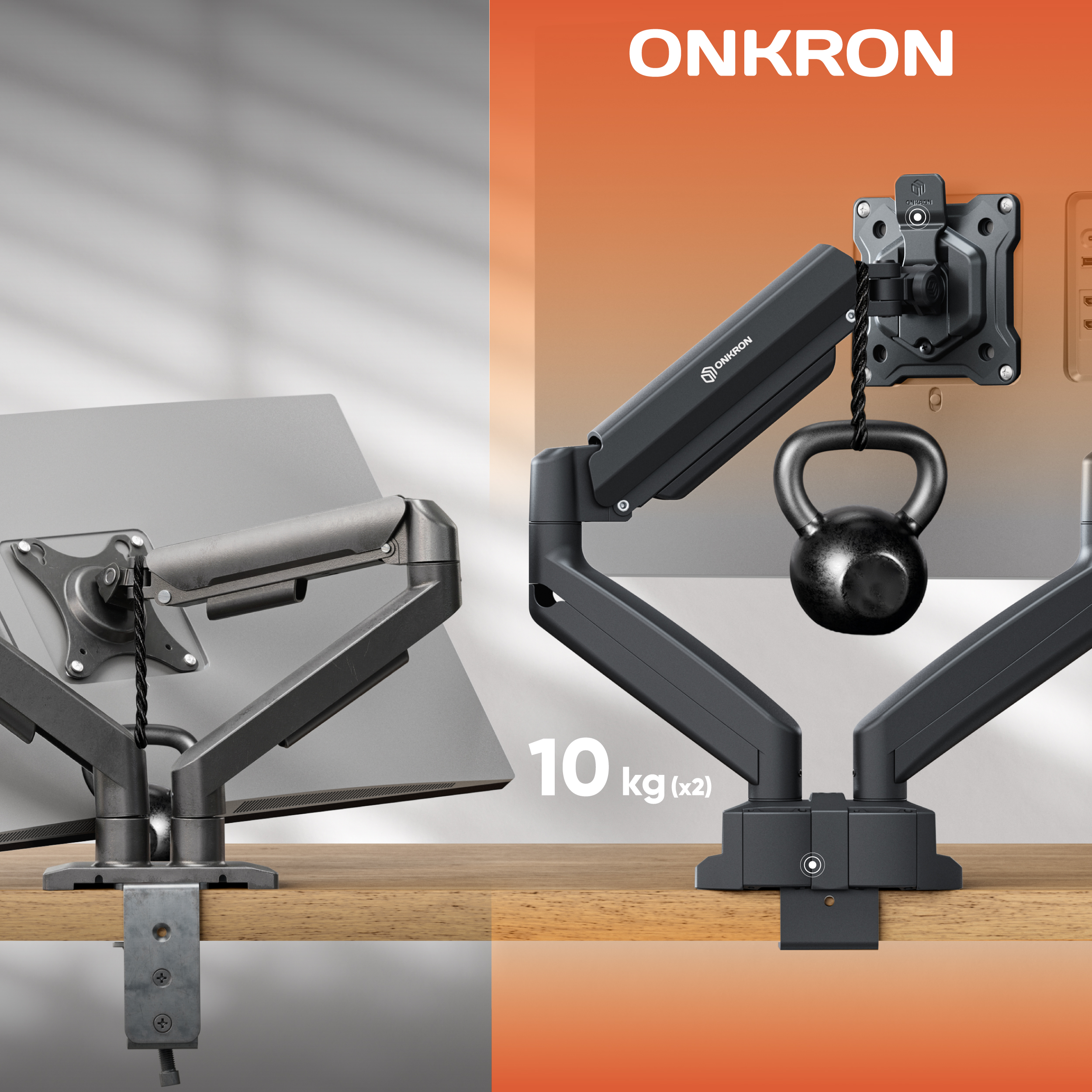 Czarny uchwyt na monitor z kettlebell i laptopem na drewnianym biurku.