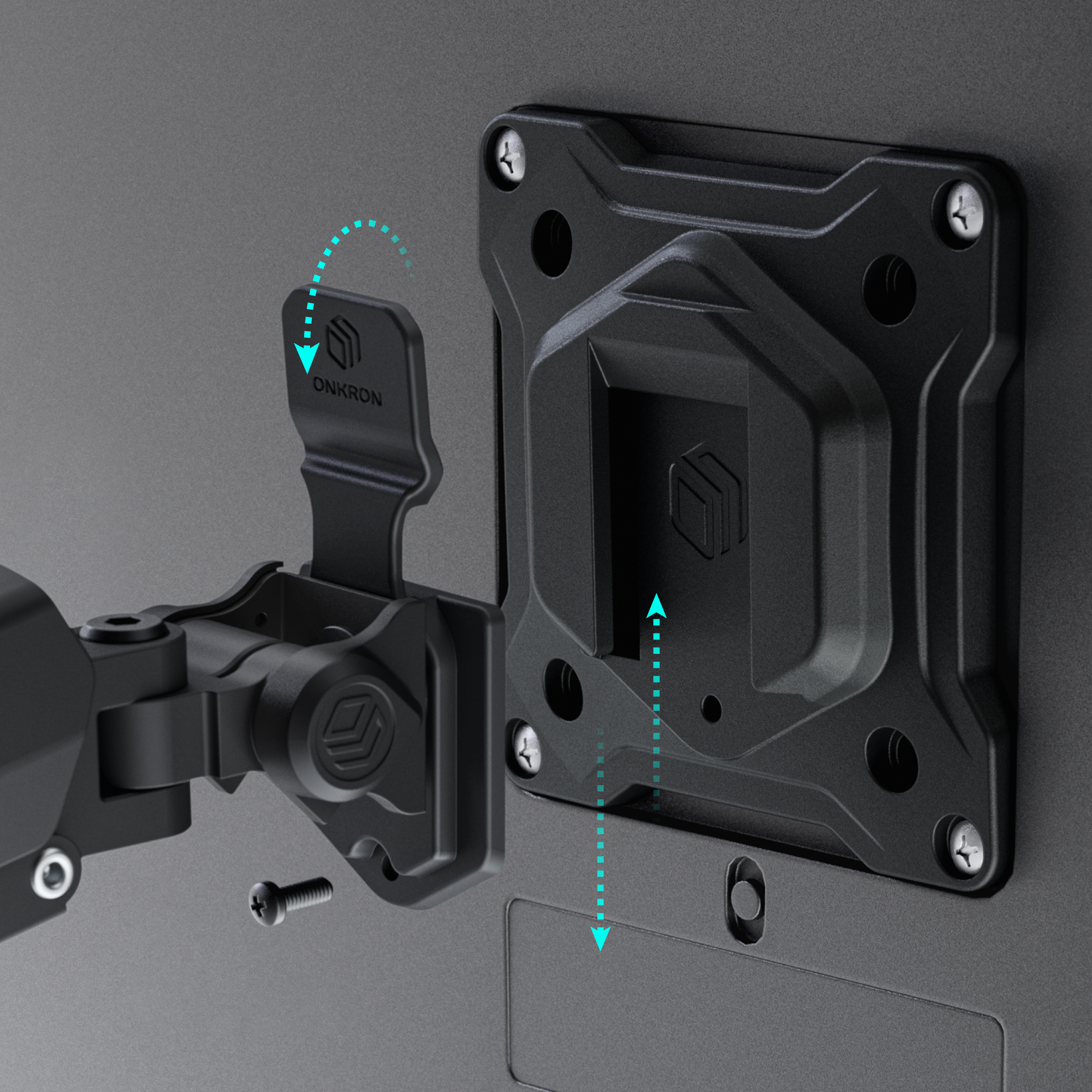 Zbliżenie czarnego uchwytu ściennego montowanego do szarej ściany za pomocą śrub.