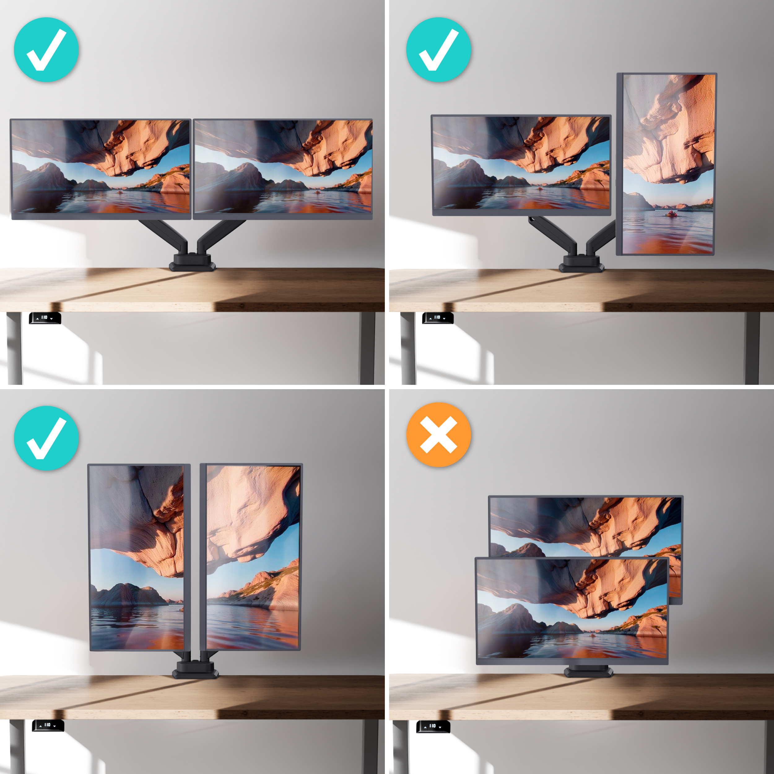 Dwa monitory obok siebie na biurku z ikoną zaznaczenia.