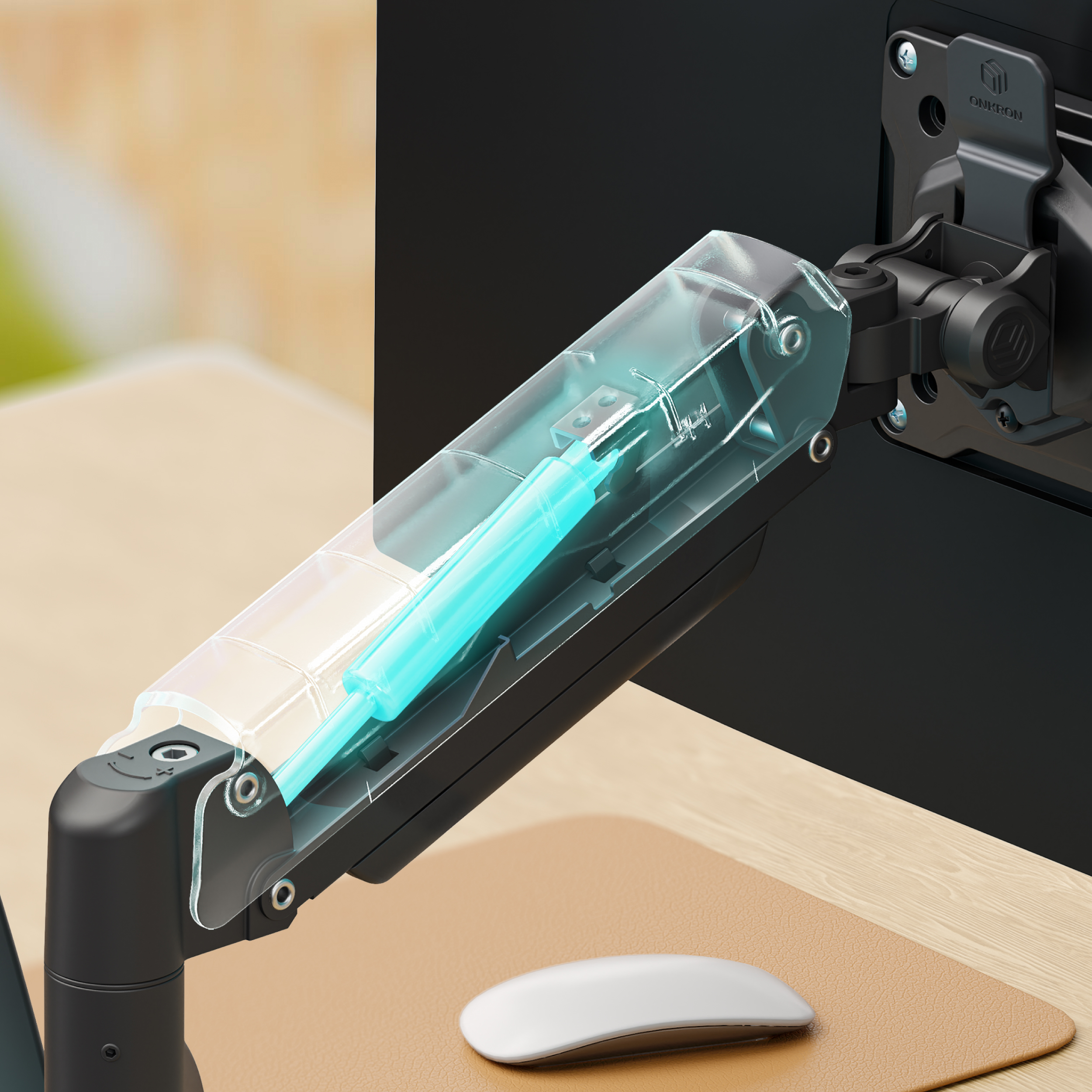 Przezroczyste ramię z niebieską sprężyną podtrzymuje czarny monitor na biurku.