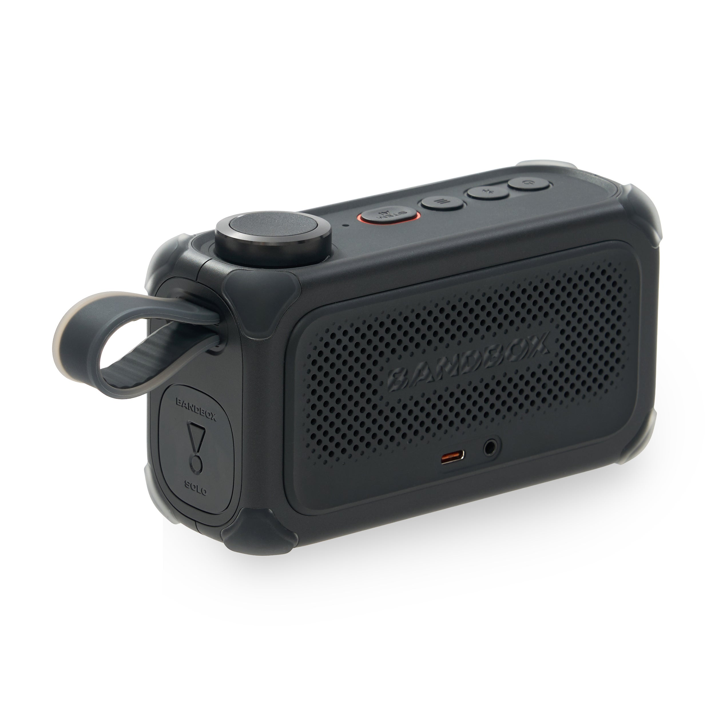 Zwarte draagbare luidspreker met handvat, knoppen en USB-C poort.