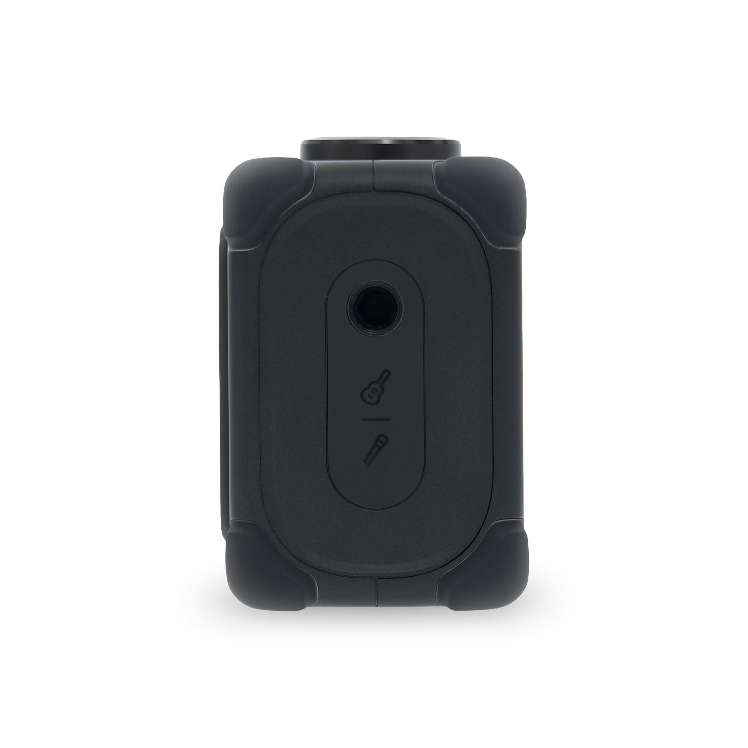 Zwarte speaker met rubberen hoeken, jack-poort en gitaar/microfoon-symbolen.