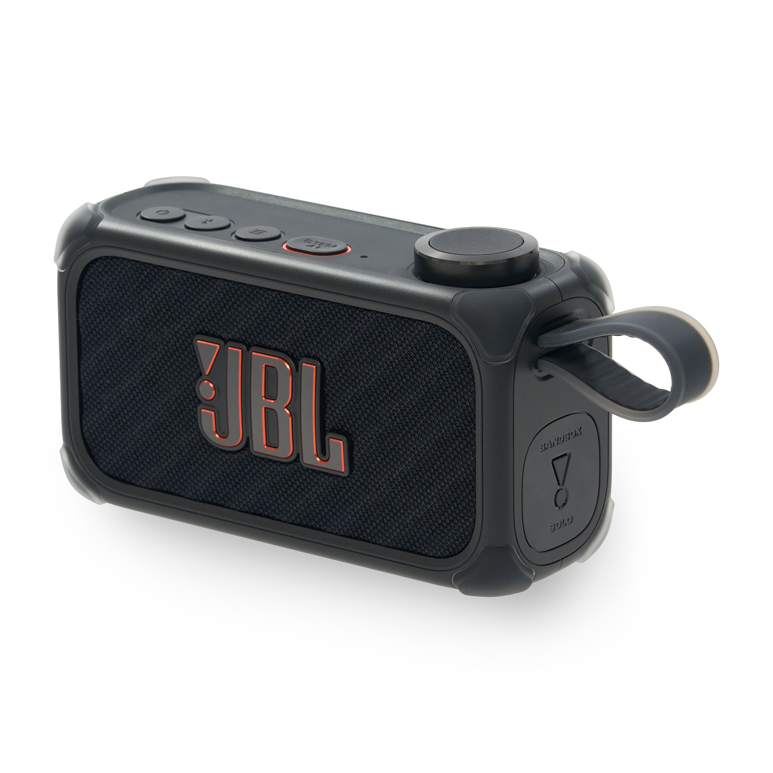 Zwarte JBL Bluetooth speaker met draagband en bedieningsknoppen.