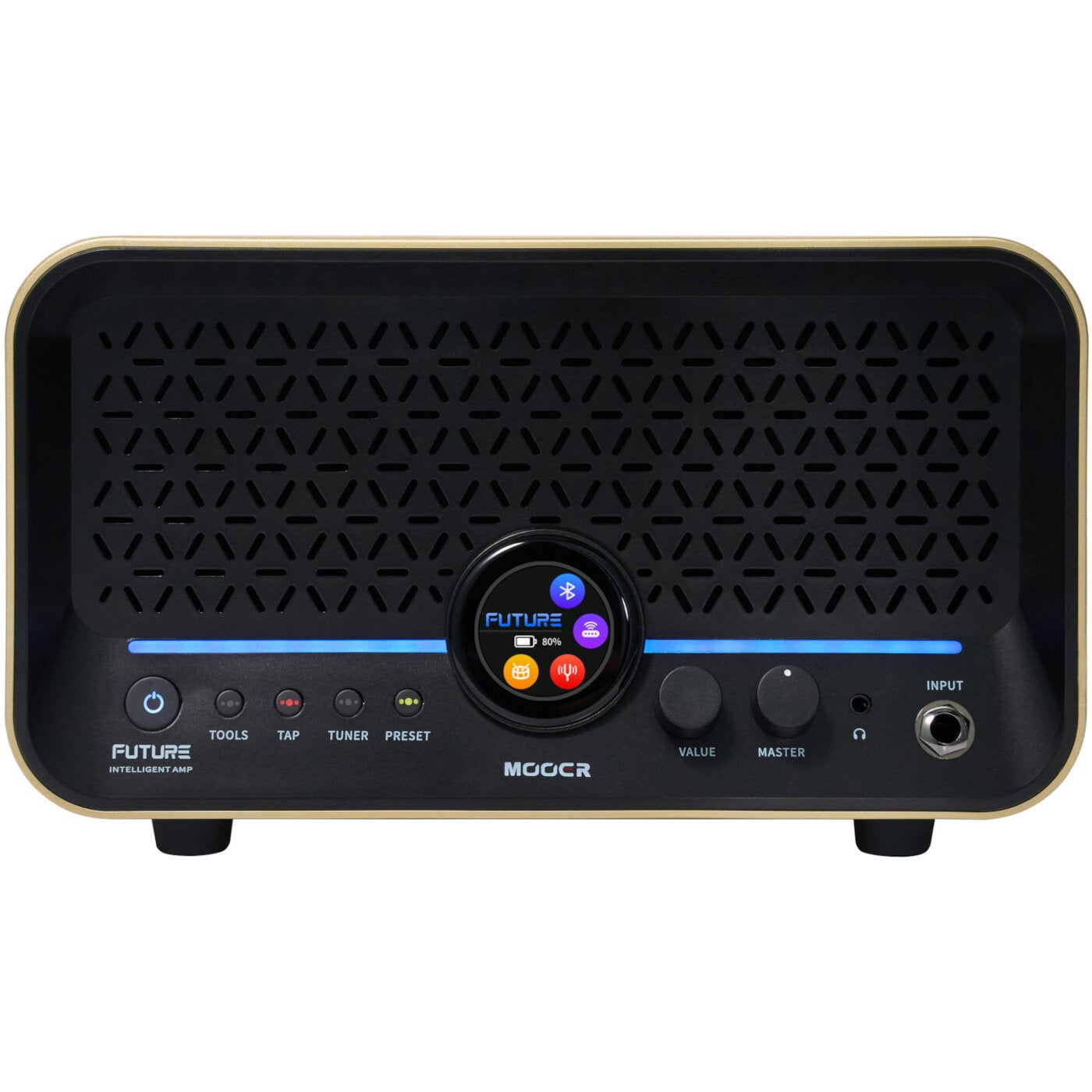 Zwarte MOOER Future Intelligent Amp met gouden rand. Heeft een luidsprekergrill, scherm en bedieningselementen.