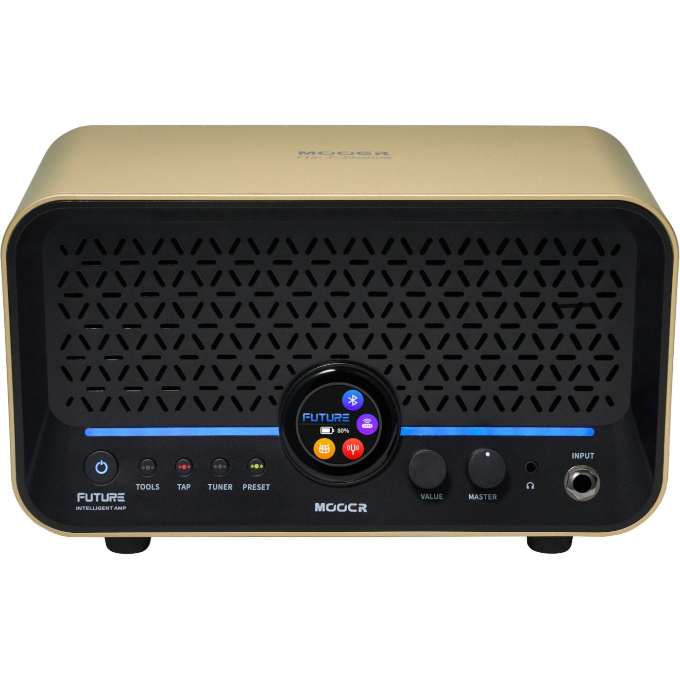 Een gouden MOOER FUTURE intelligente versterker met zwart speakerrooster en digitaal display.
