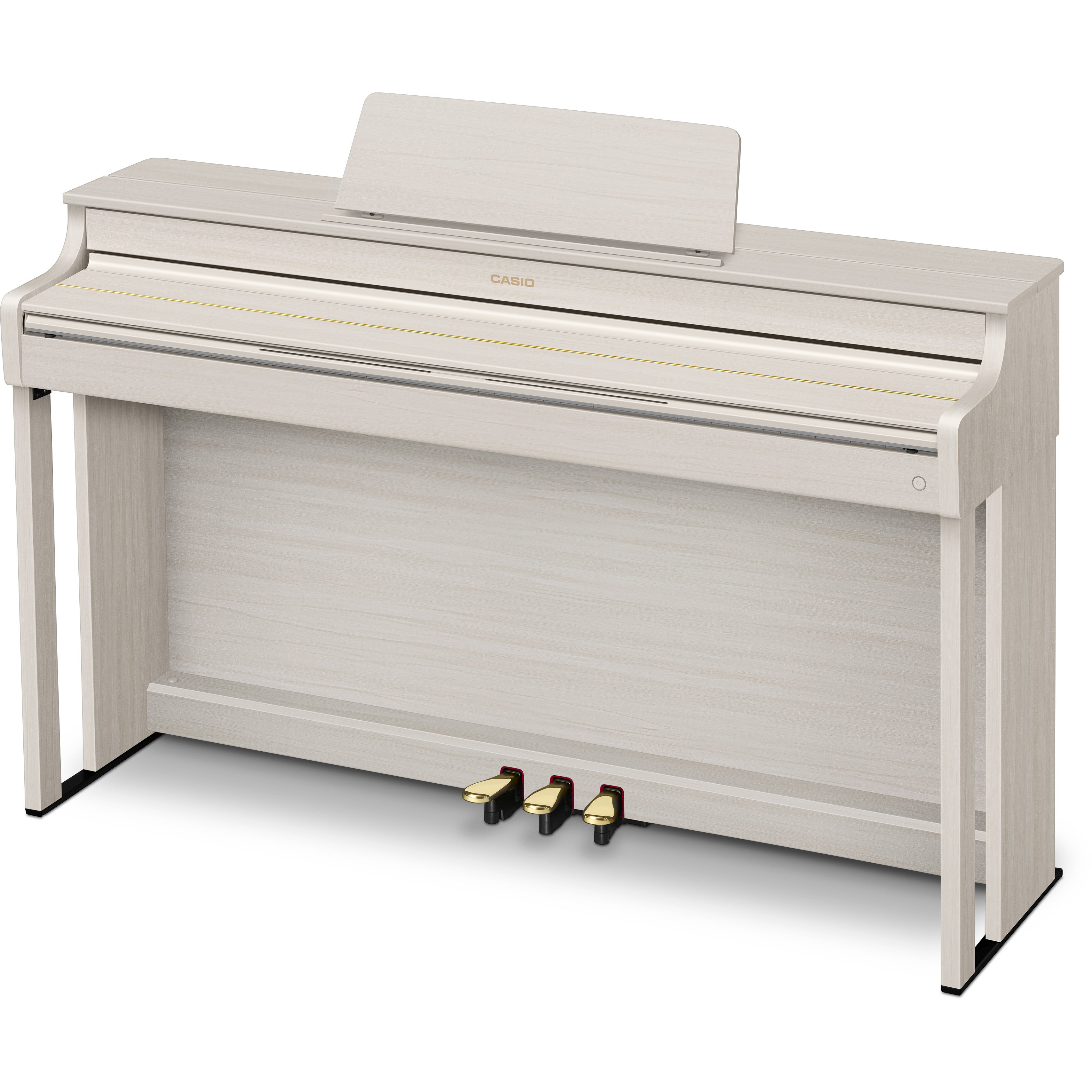 Un piano numérique en bois clair avec pupitre et trois pédales.