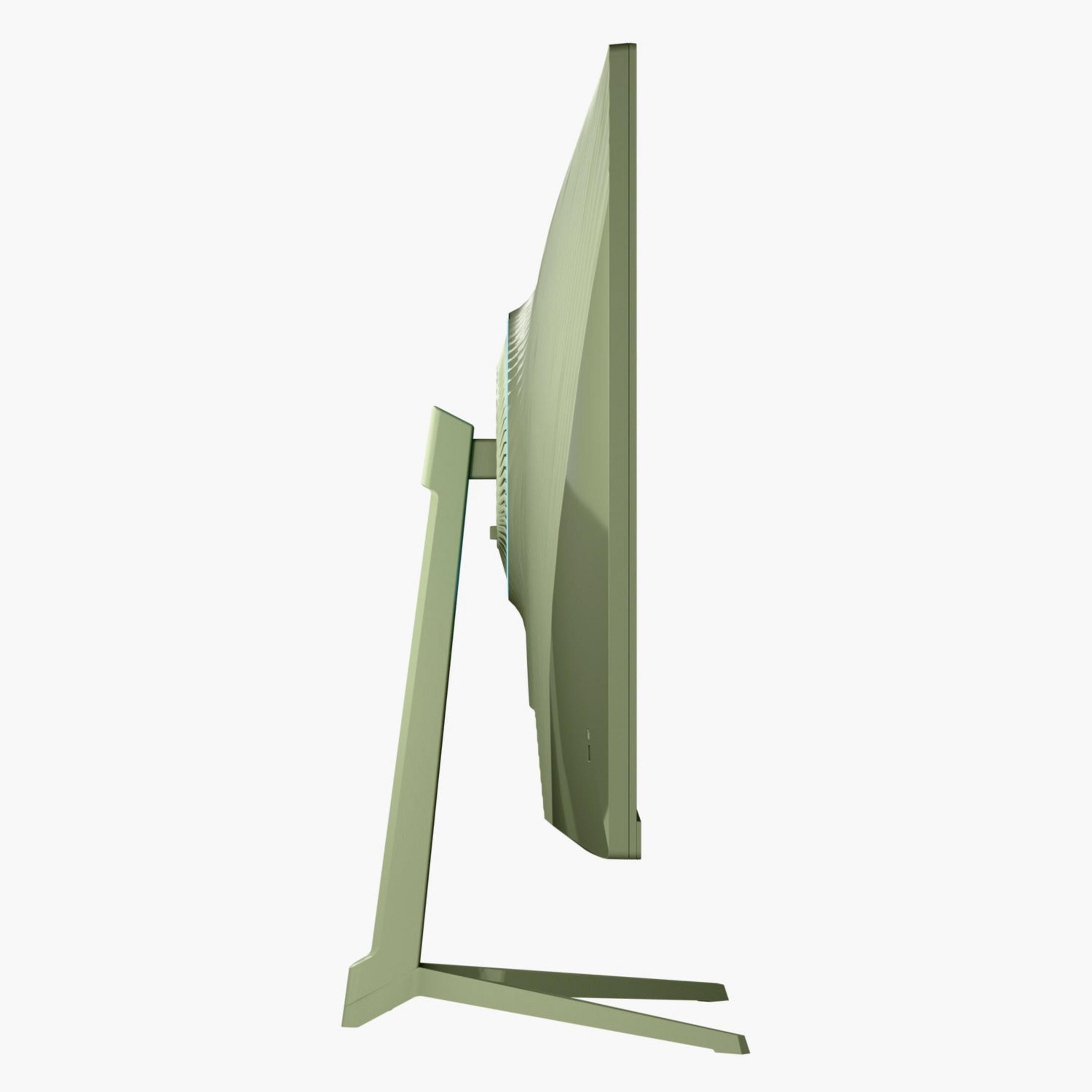 Jasnozielony monitor na stojaku, widziany z boku.