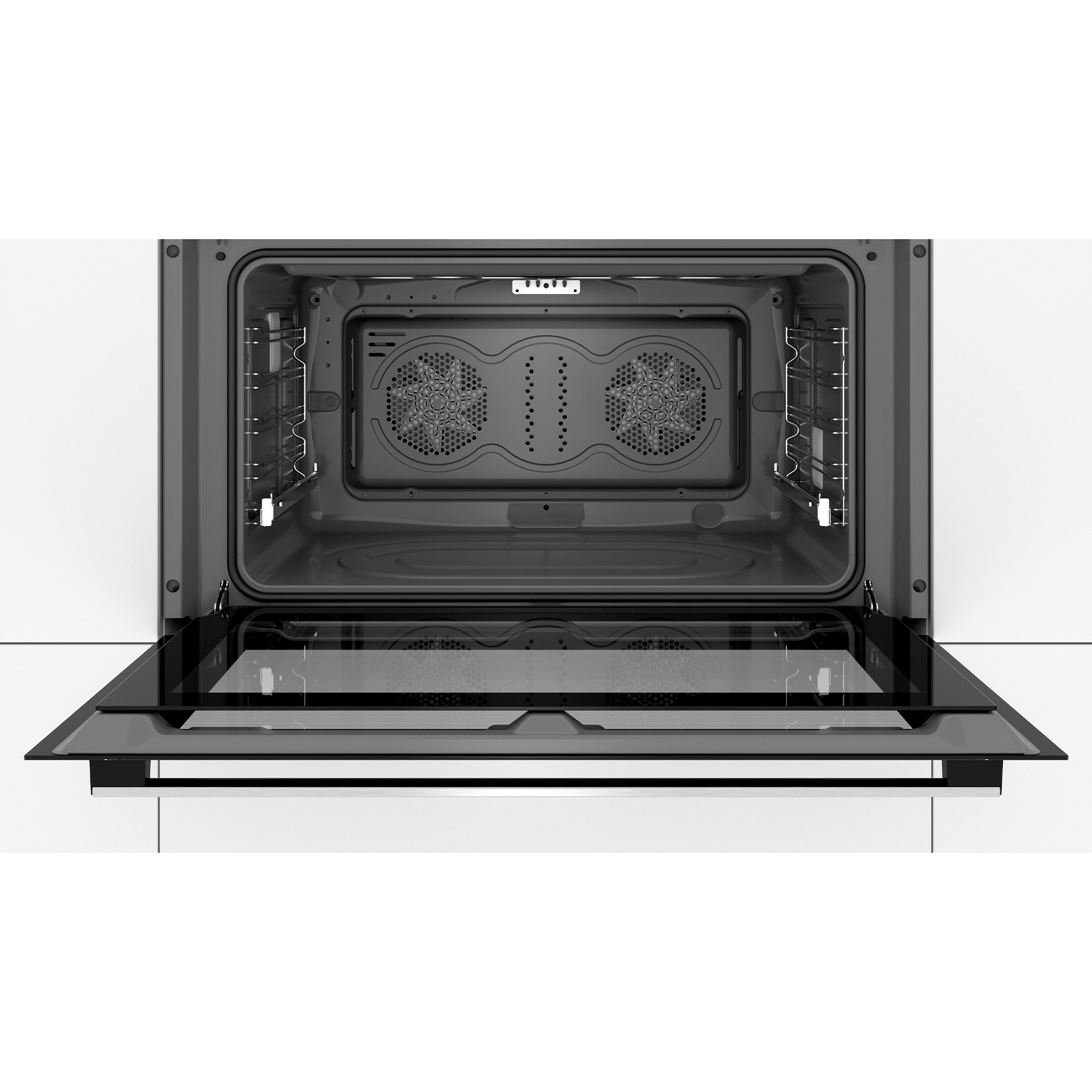Un forno da incasso aperto con due ventole, ante in vetro e metallo.