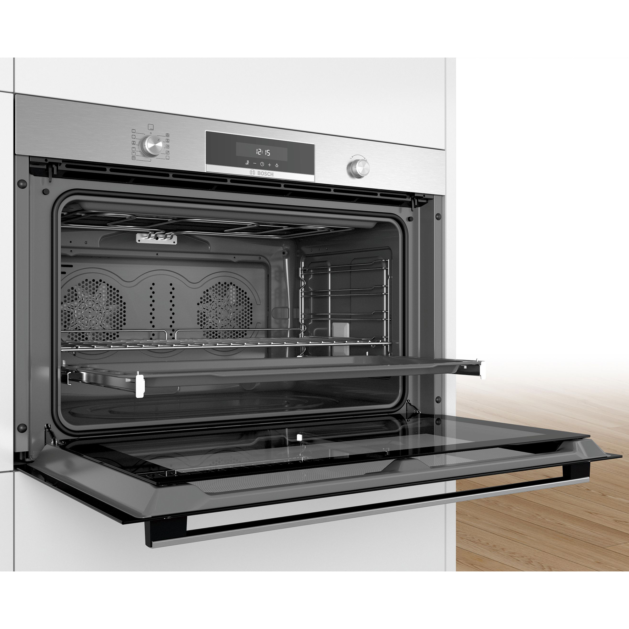 Forno da incasso moderno con frontale argento e porta in vetro aperta.